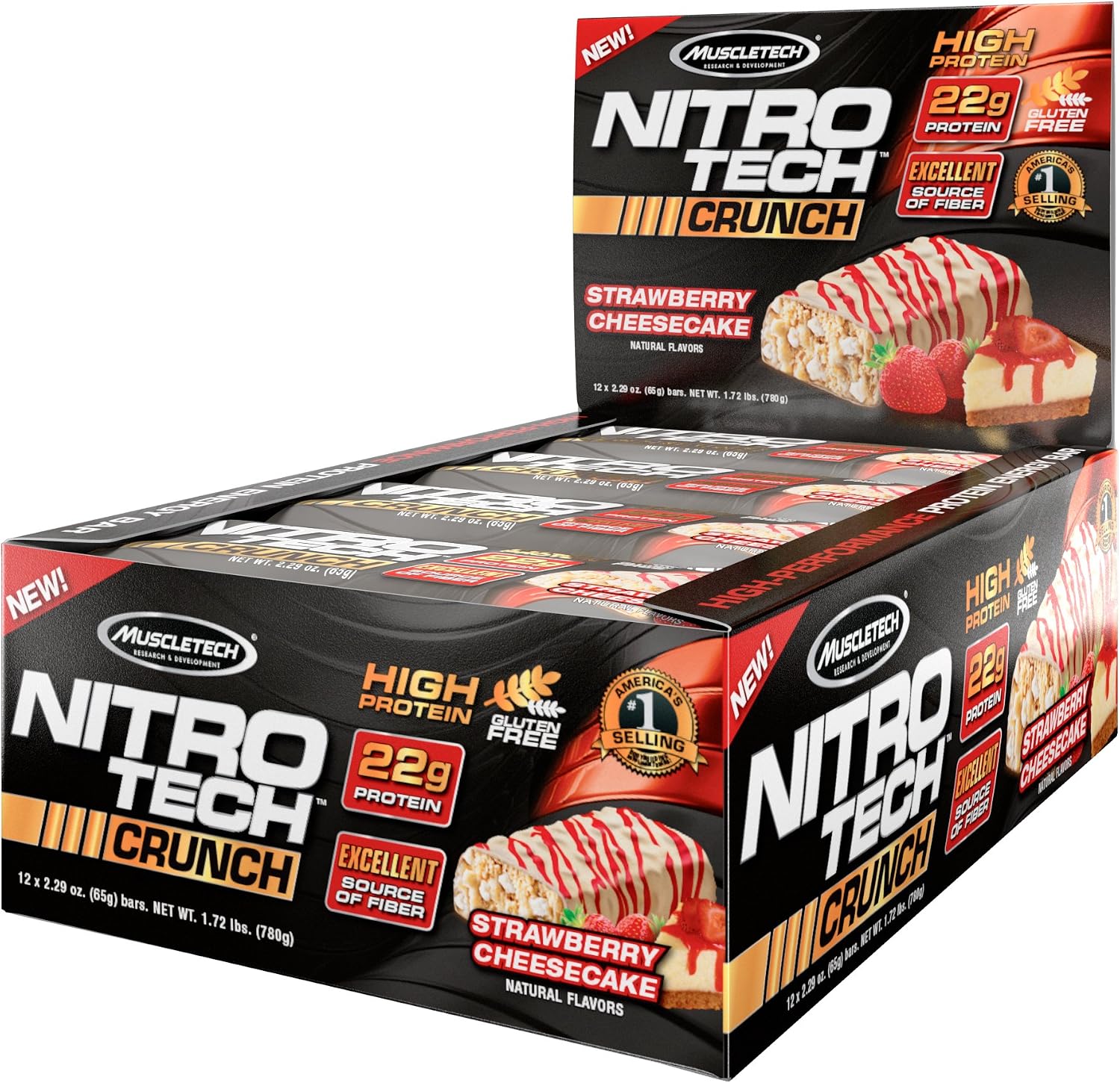 MuscleTech NitroTech Crunch Protein Bar, Strawberry Cheesecake, 22 Grams Protein, 5 Grams of Fiber, 240 Calories, Low Carb, Gluten Free, 65g Bars, 12 Count