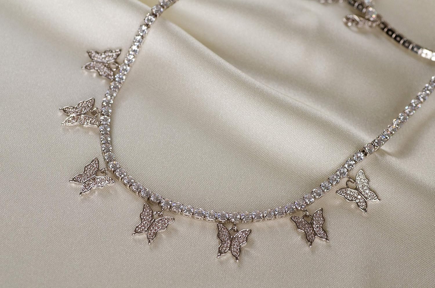 LAVLA Dainty Butterfly Choker Necklace - Gold/Rose Gold/Silver Plated 3mm Bling Iced Out Cubic Zirconia Tennis Chain With Butterfly Charm/Square CZ 14inch+2inch