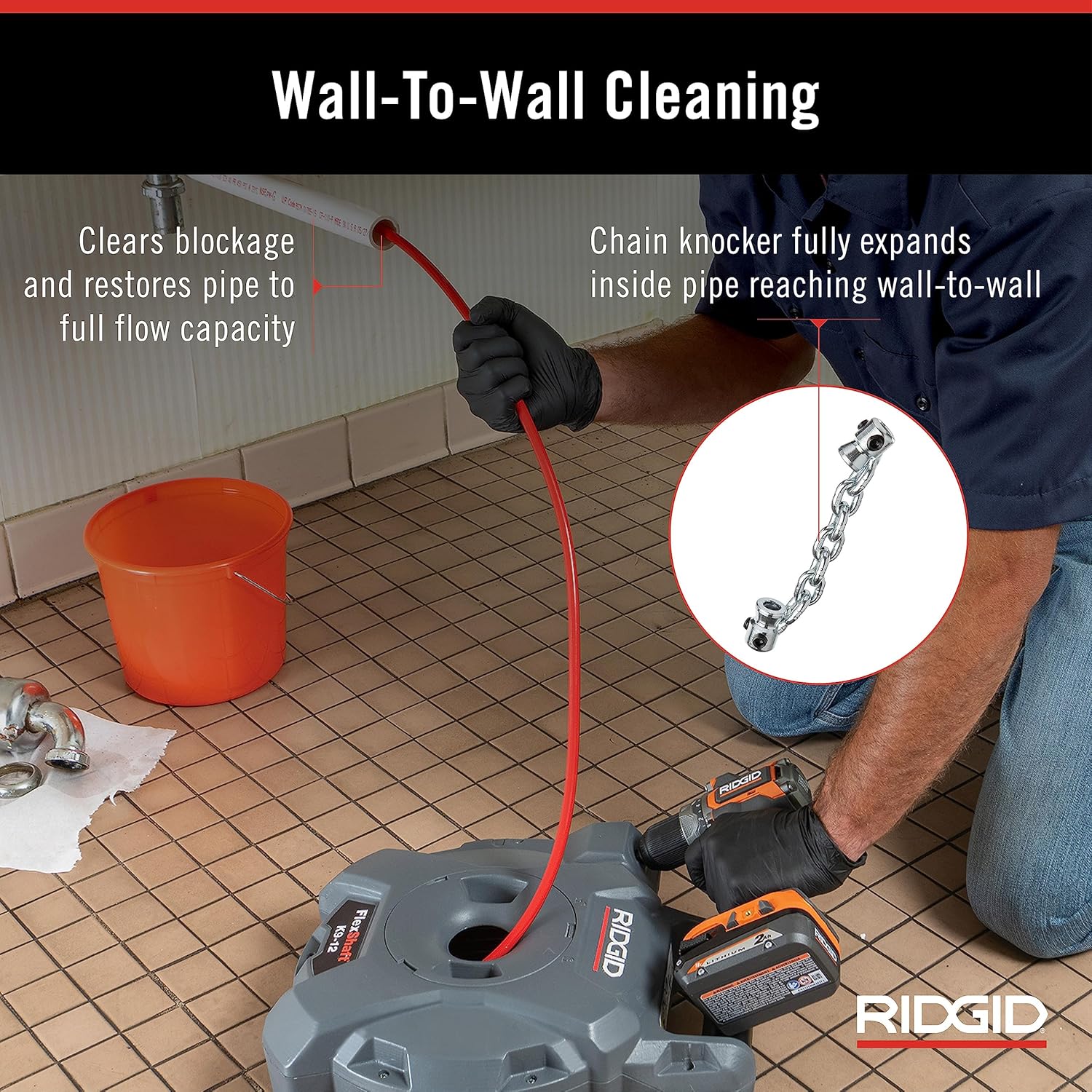 RIDGID 74978 K9-12 FlexShaft 1/4" x 30' Wall-to-Wall Professional Drain Cleaning Machine, Compact Drain Cleaner for 1-1/4" to 2" Pipes