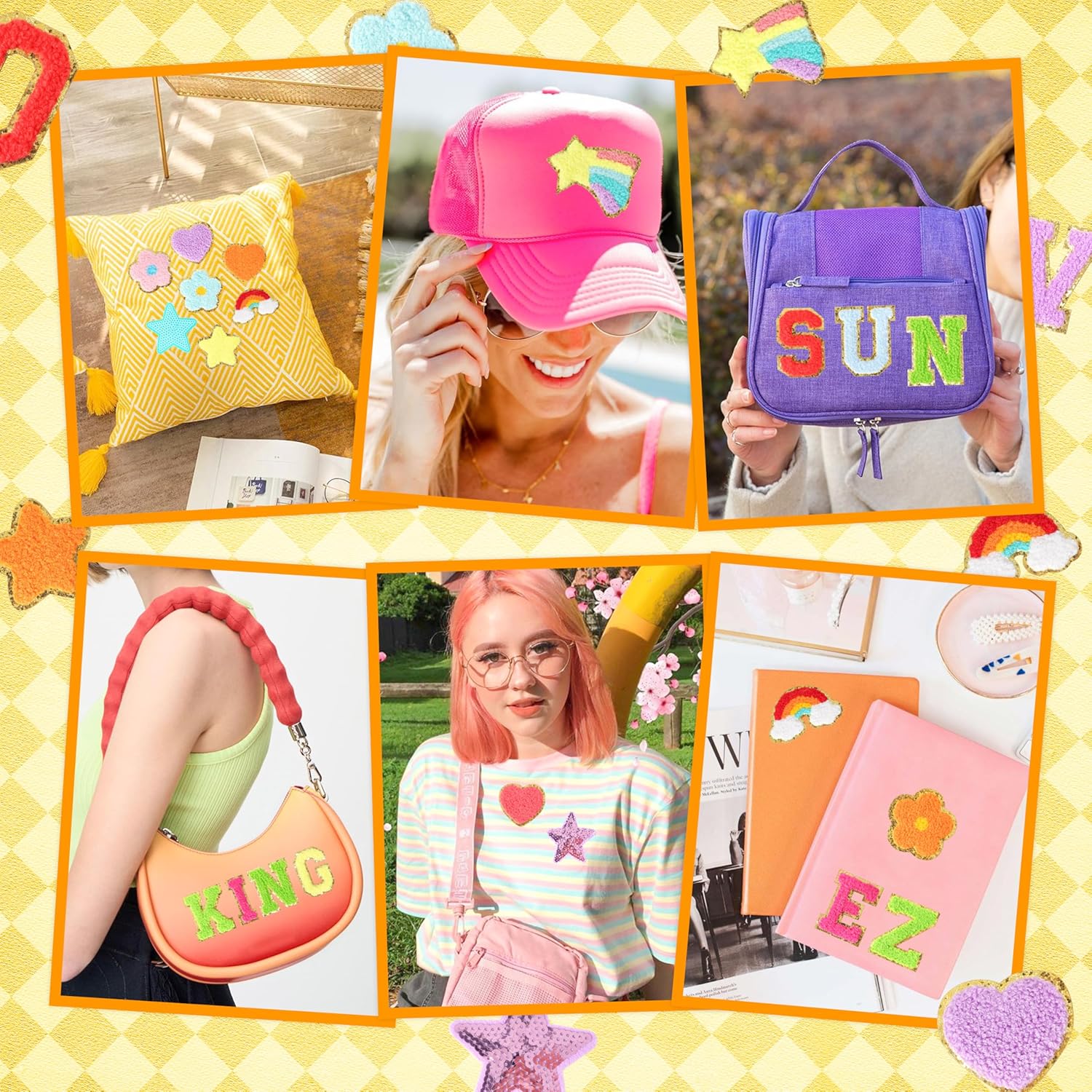 Chenille Letter Patches Self-Adhesive for Clothing: KINGSOW Preppy 129PCS Varsity Sew On Stickers - Cute Rainbow Lightning Sequin Star Patch for DIY Crafts Trucker Hats Makeup Bags