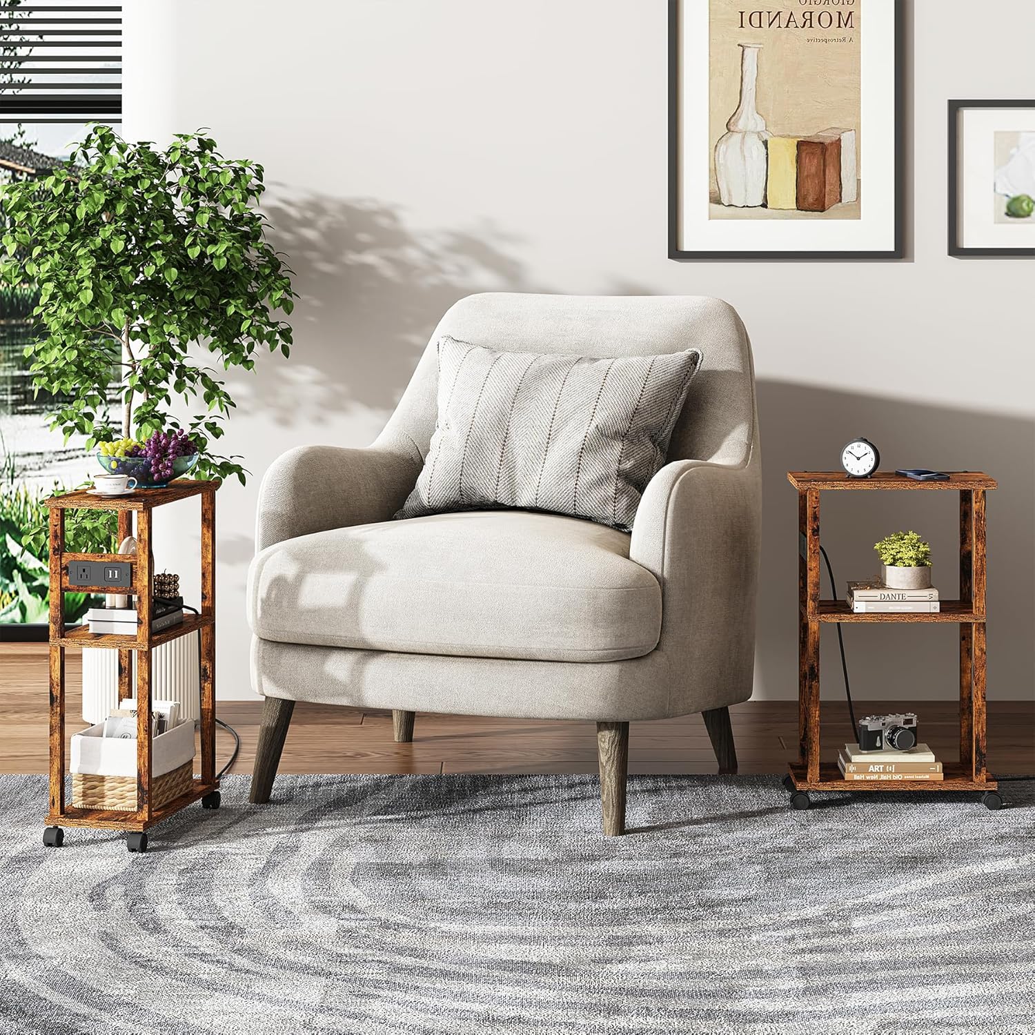 Small Narrow Side Table with Charging Stat, Skinny End Table