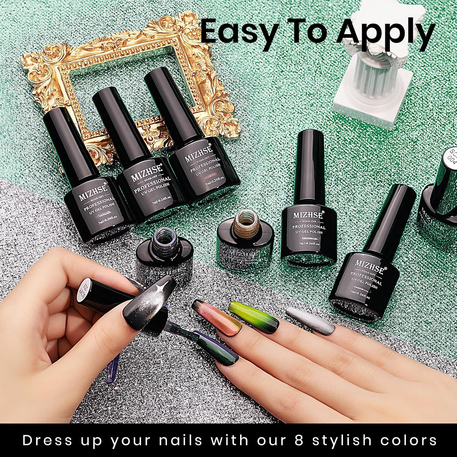 MIZHSE Cat Eye Gel Nail Polish Set 8 Colors with Magnet Stick: 9D Cat Eye Gel Polish and Shiny Wide Cat Eye Gel Set, Classic Holographic Glitter Galaxy Colors Gel Nail Kit for Nail Salon Home DIY