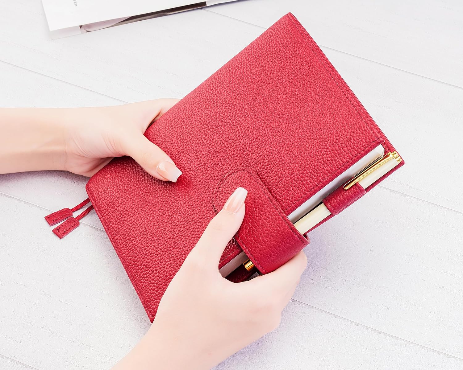 B6 Leather Planner Cover for Stalogy, Midori, Leuchtturm1917, and More - with Pen Loop, Card Slots, Back Pocket, and Bookmarks (Red)