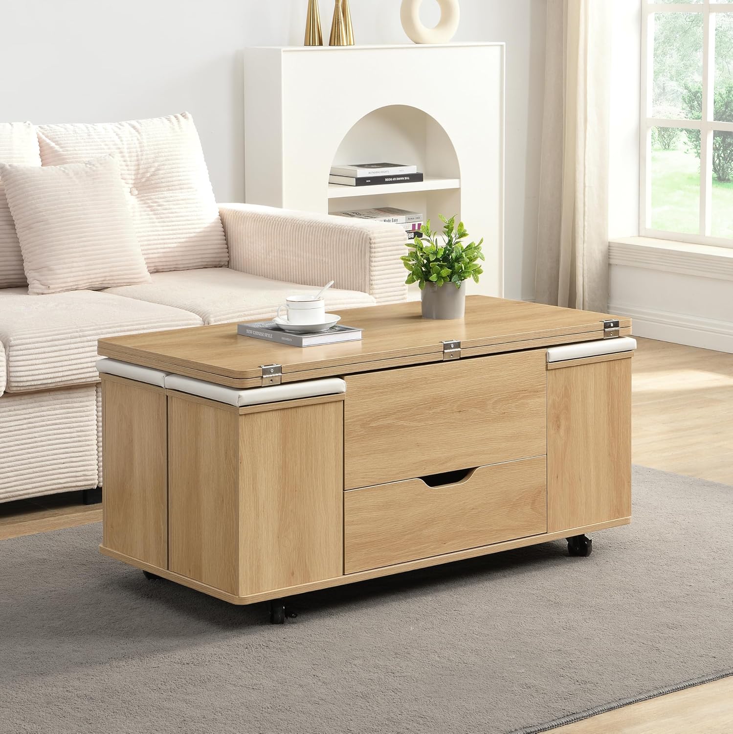 Christopher Knight Home Lucid Wooden Lift Top Coffee Table with Hidden Storage and 4 Stools, Center Table for Living Room with Compartment/Drawer, Multifunctional Table with Casters, Natural + White