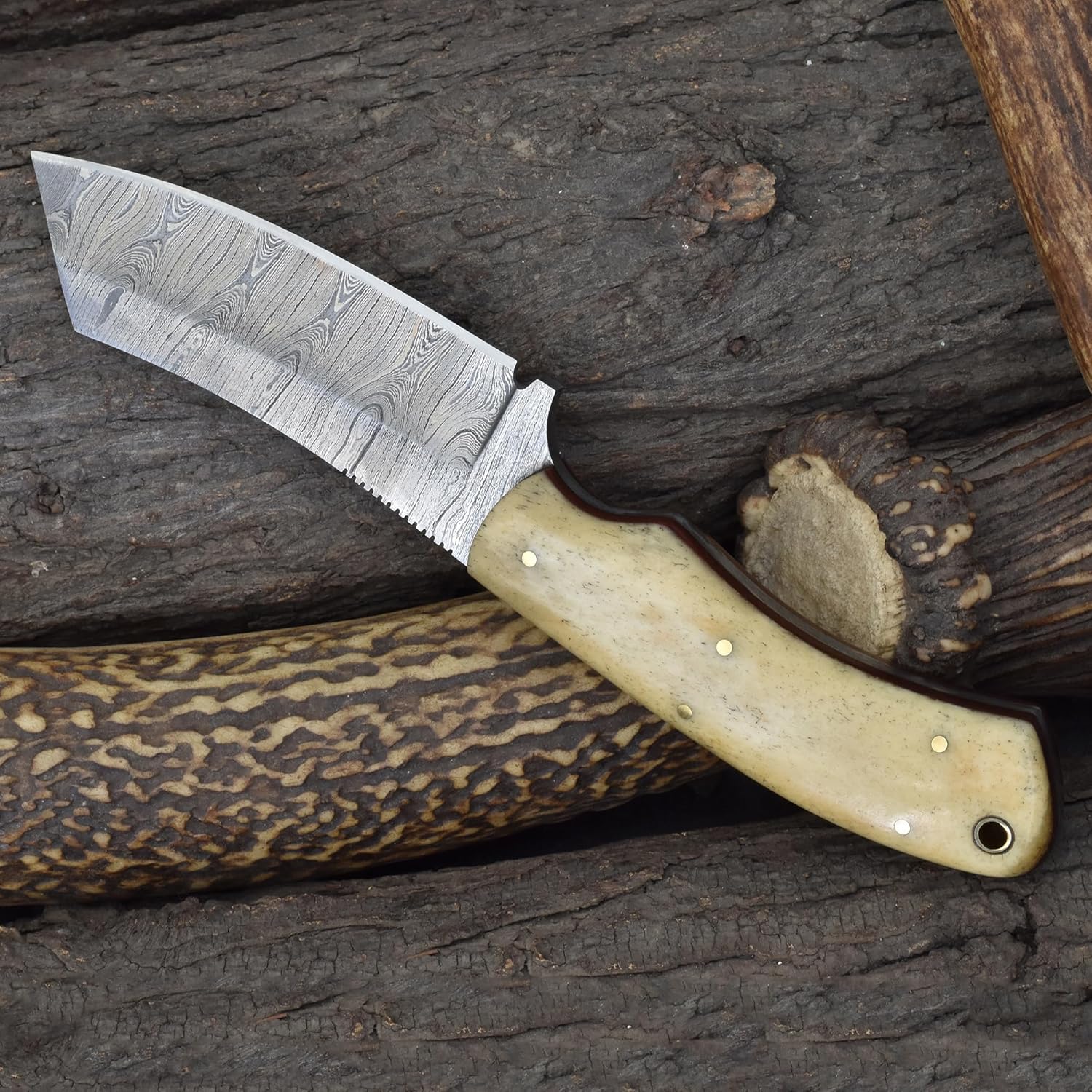 Knives Ranch Handmade Knife for Hunting Camping & Bushcraft - Full Tang Damascus Blade - Bone Handle and Heavy-duty Leather Sheath (2021-B)
