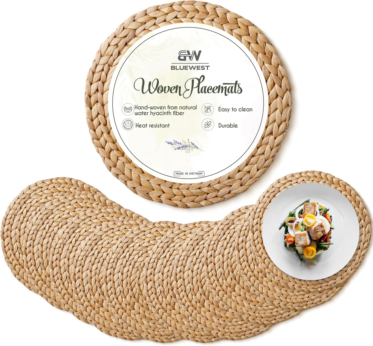 (Sizes:12"-13'') BLUEWEST Woven Placemats (Set of 10), Round Placemats Rattan, Wicker Water Hyacinth Placemat, Round Braided Placemats Set, Heat Resistant/Durable for Plate (13'', Set 10)