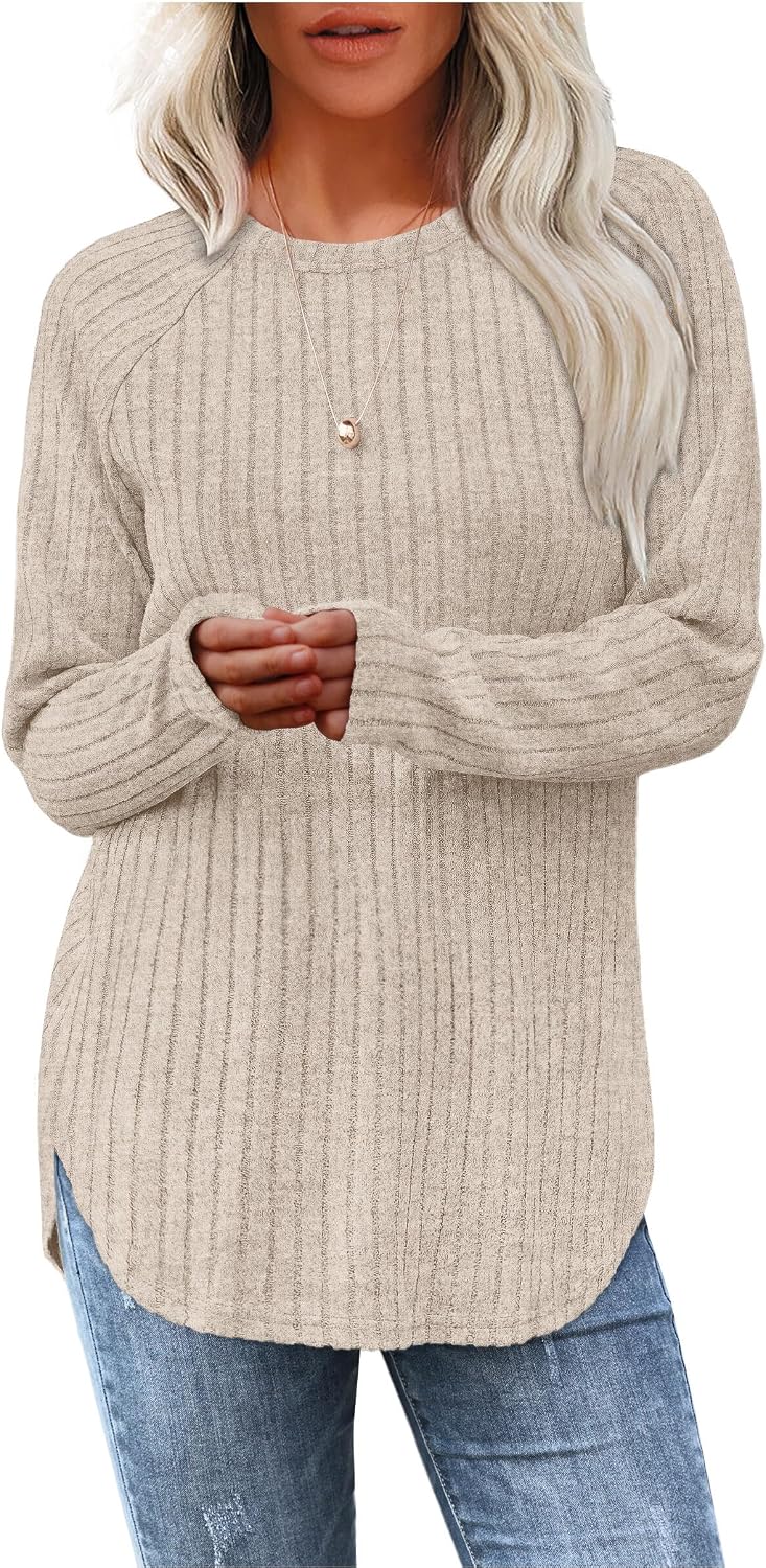 Jescakoo Long Sleeve Shirts for Women 2026 Fall Clothes Tunic Tops Loose Fit Lightweight Sweaters Curved Hem S-XXL