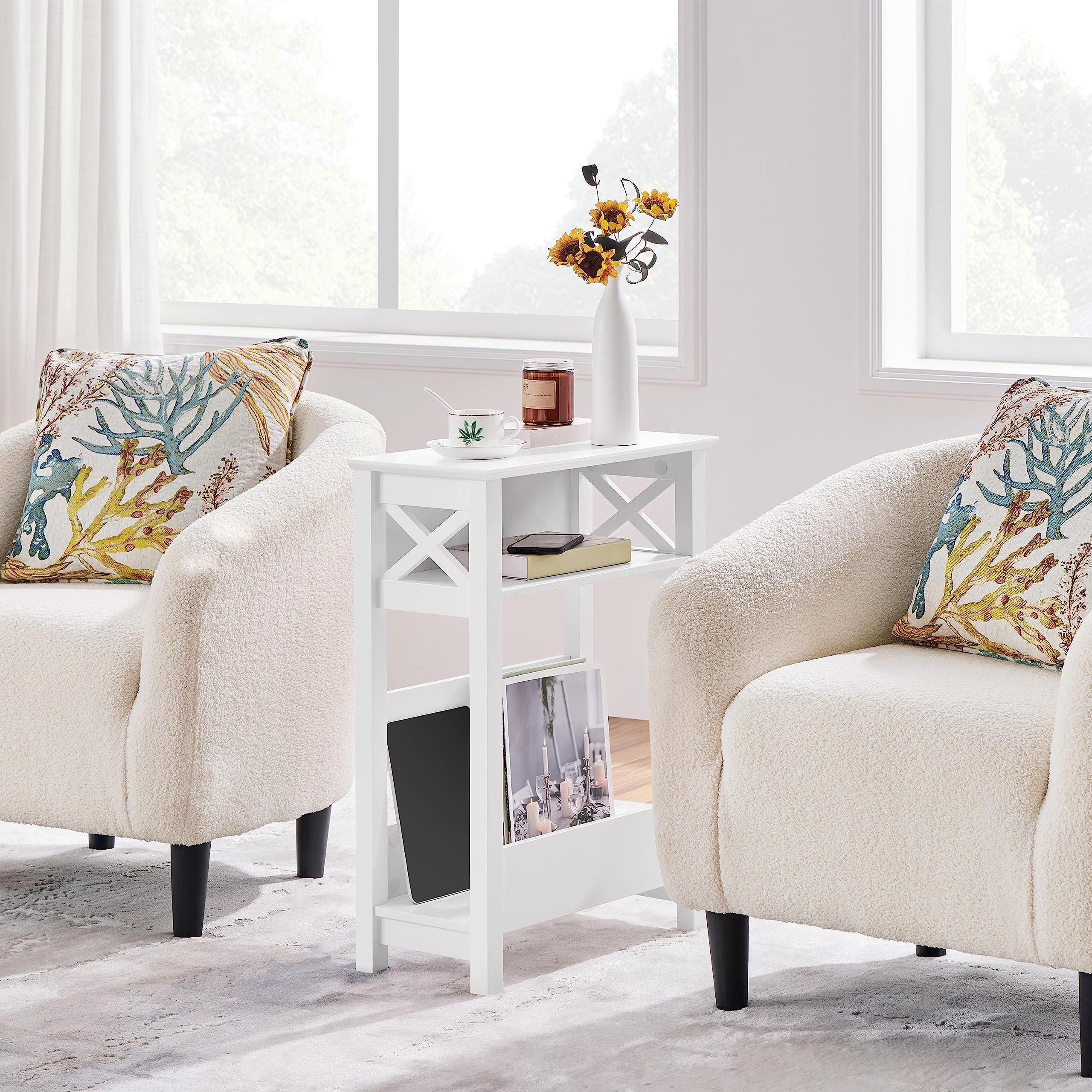 Yaheetech Beistelltisch Couchtisch 3 Ebenen Nachttisch 50×25×70 cm, Weiß | Sofatisch mit Offenem Ablagefach & Zeitschriftenablage X-förmiger Kaffeetisch für Schlafzimmer/Wohnzimmer
