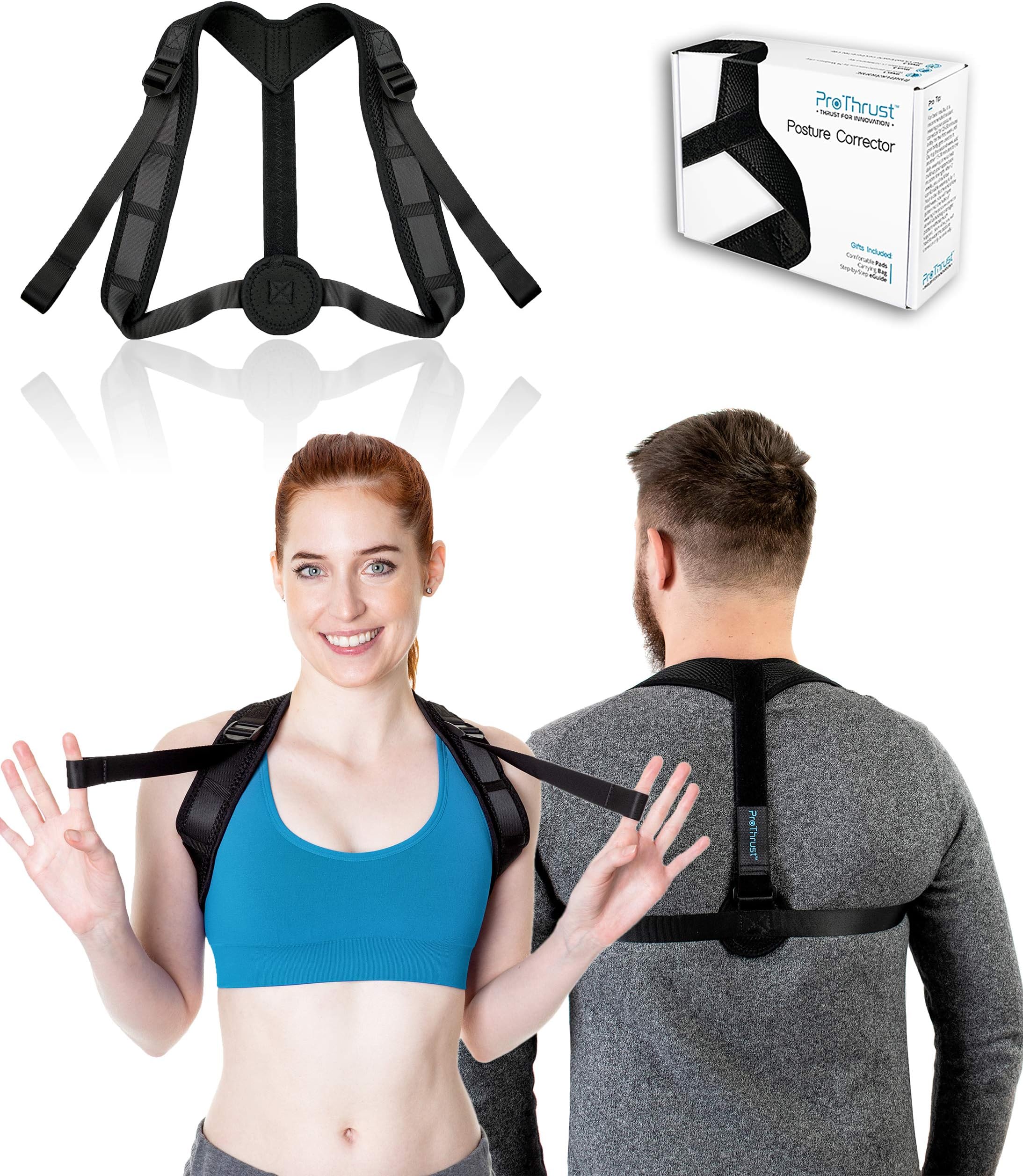 PROTHRUST Posture Corrector for Women and Men Under Clothes – Comfortable Posture Brace Spinal Support for Upper Back Clavicle & Shoulders – Adjustable Posture Support for Chest Sizes XS S M 25-43 in