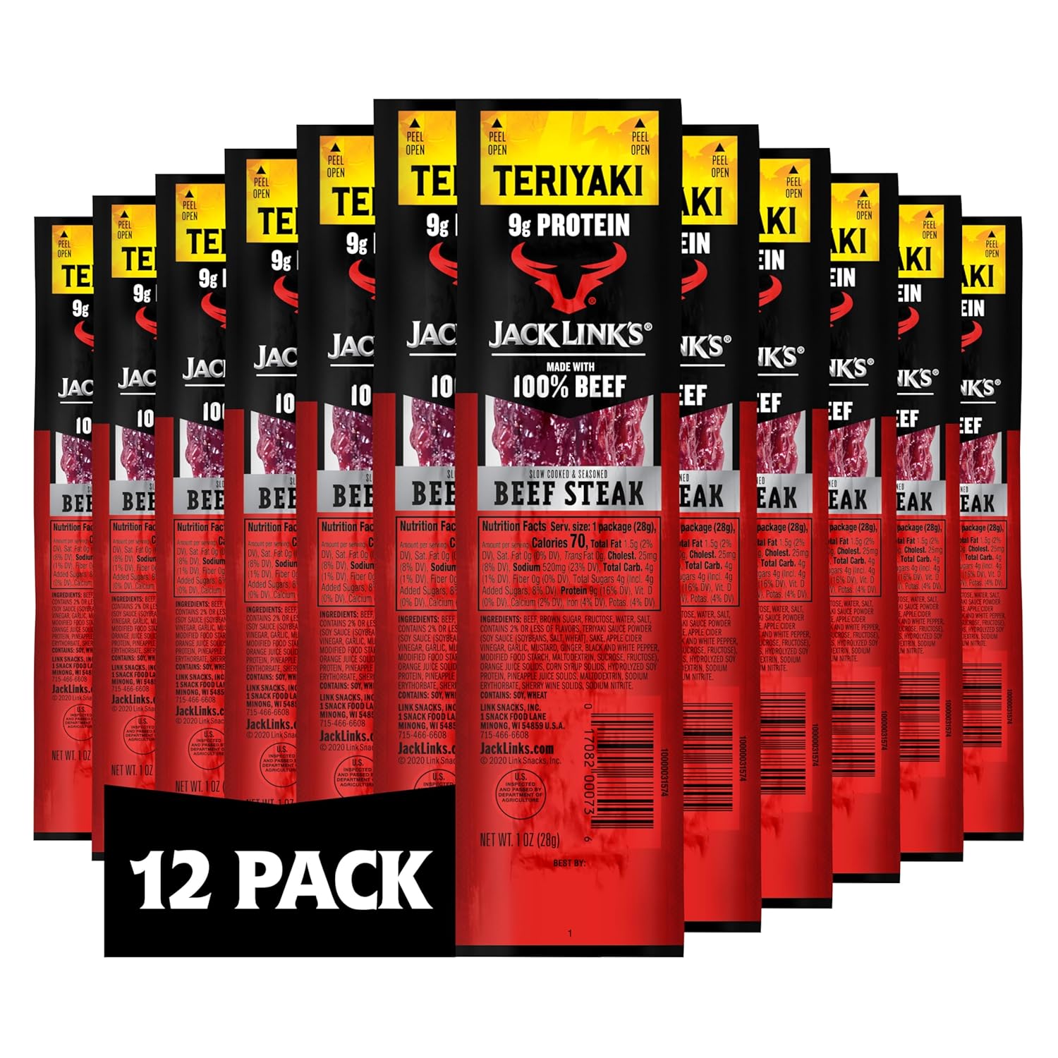 Jack Link's Teriyaki Beef Steak Jerky - 9g Protein, 100% Beef, Keto Friendly, 1oz Bars, 12 Count Bulk Pack