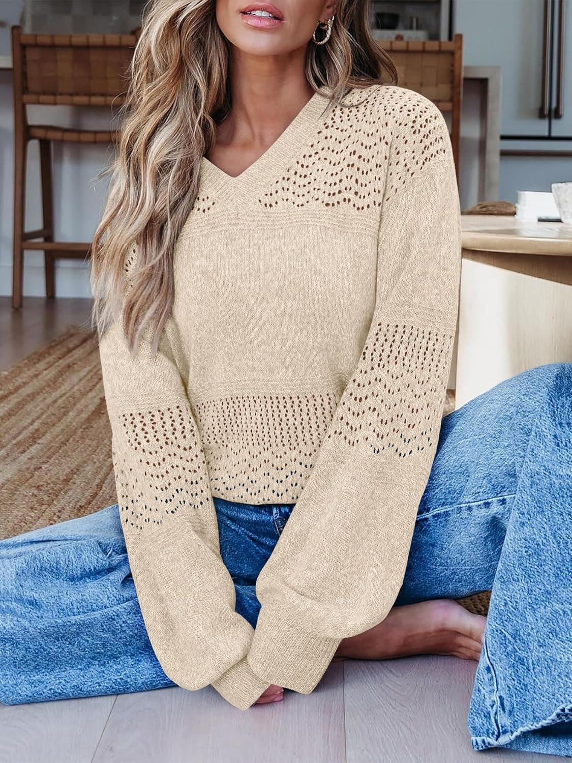 onlypuff Pullover Sweaters for Women Lightweight Fall Fashion Tops Pullover Trendy Crochet Pointelle Sweater - Image 5