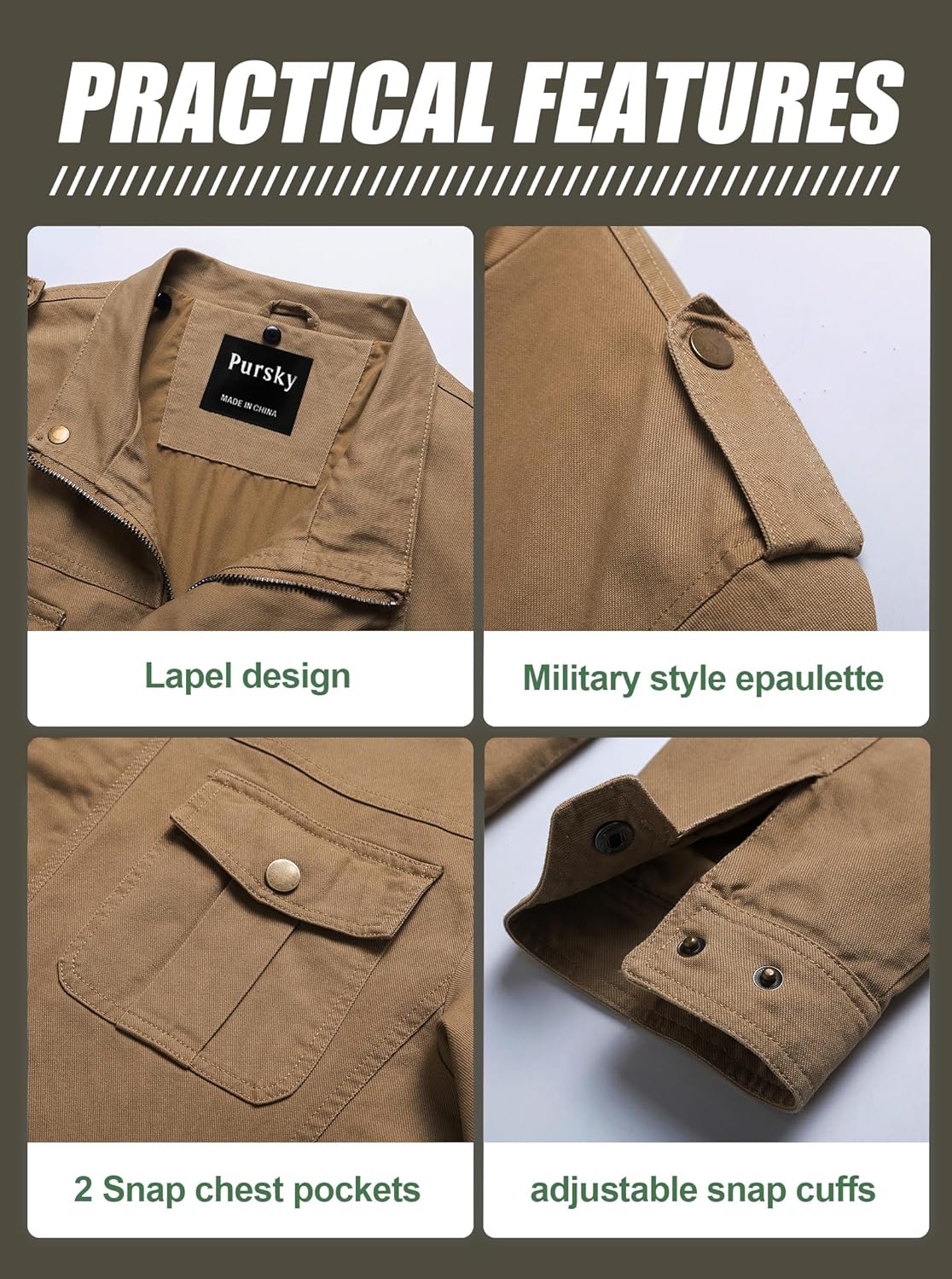 Pursky Men's Military Jacket Casual Washed Cotton Hooded Canvas Coat Fall Coat - Image 5