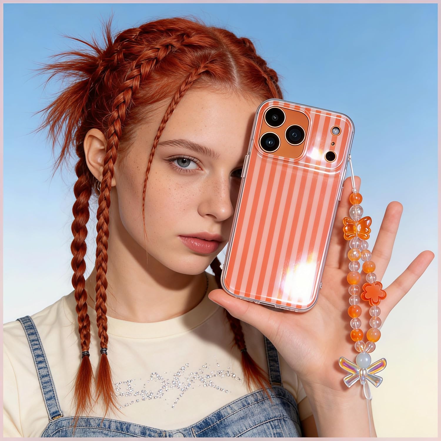 Papaya Orange Stripe Clear TPU Phone Case for iPhone 12 with Premium Wrist Strap Charm, IMD Ultra HD Pattern Print,Camera Lens Protection, Slim Fit Design for Women Grils image 2