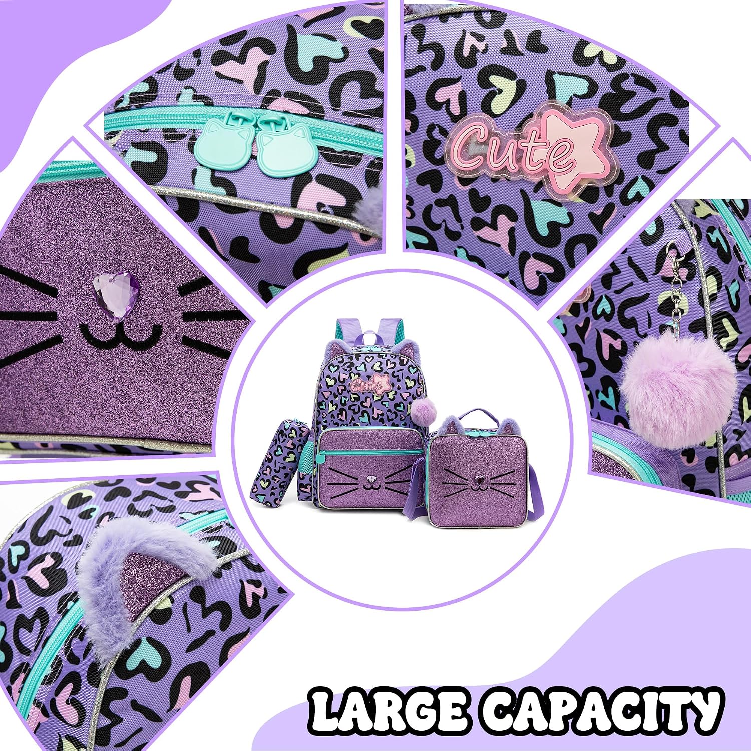 Meetbelify Cat Backpack for Girls Backpack for Elementary Student Cute Kids Travel Bookbag with Lunch Box Pencil Case for Girls Ages 6-8 image 4