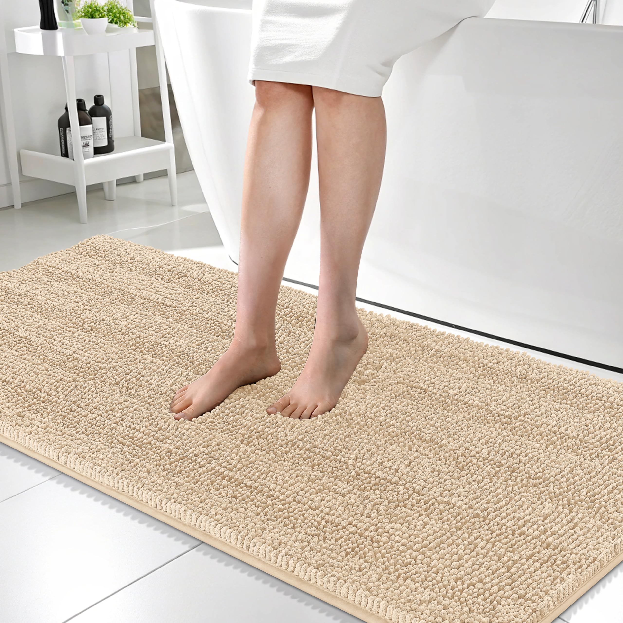 OLANLY Thick Bathroom Runner Rugs 59x24, Chenille Long Bath Rugs, Beige