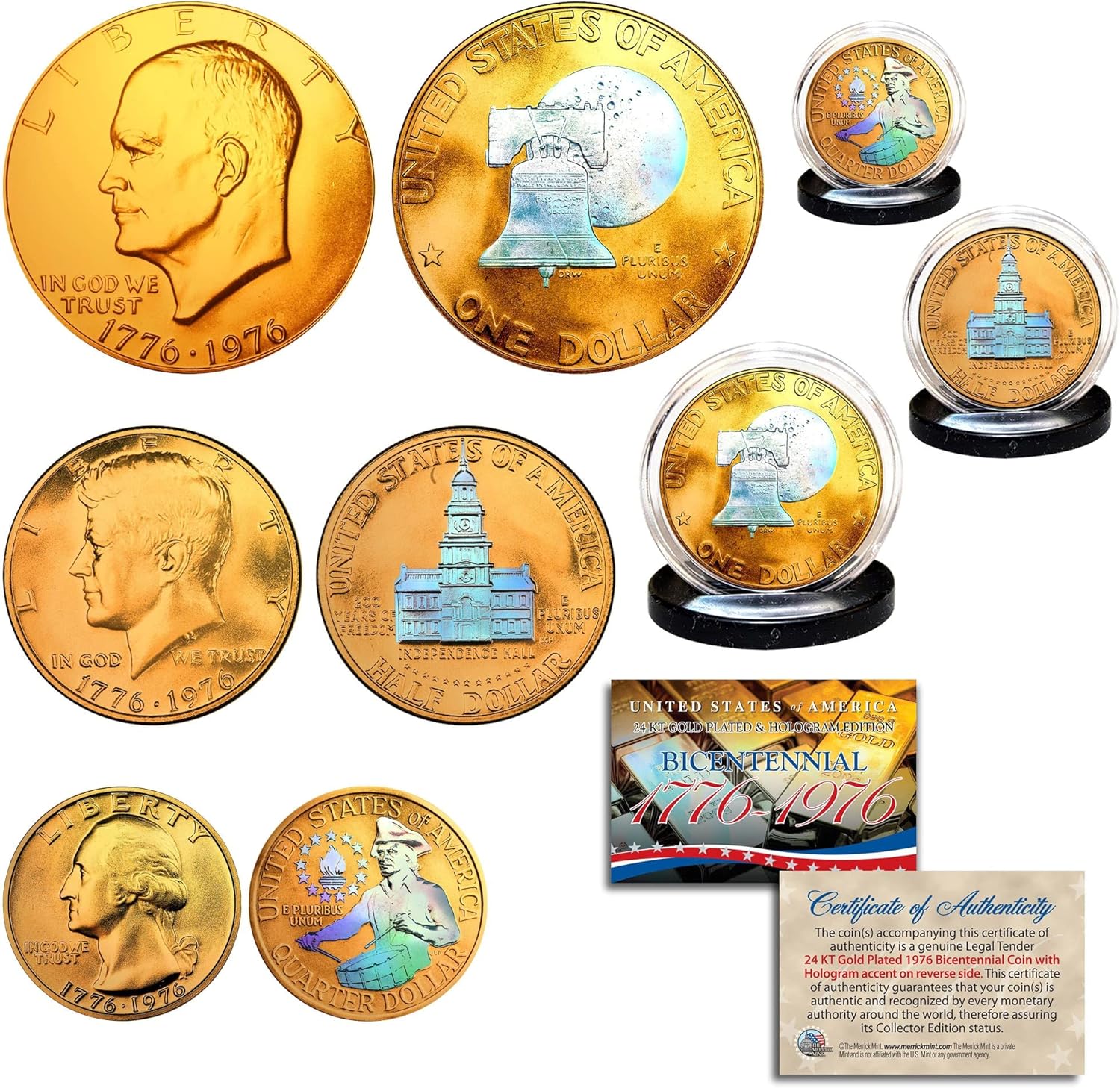Merrick Mint 1976 Bicentennial Genuine Gold Plated & Prism Hologram JFK, IKE, Quarter U.S. 3-Coin Set