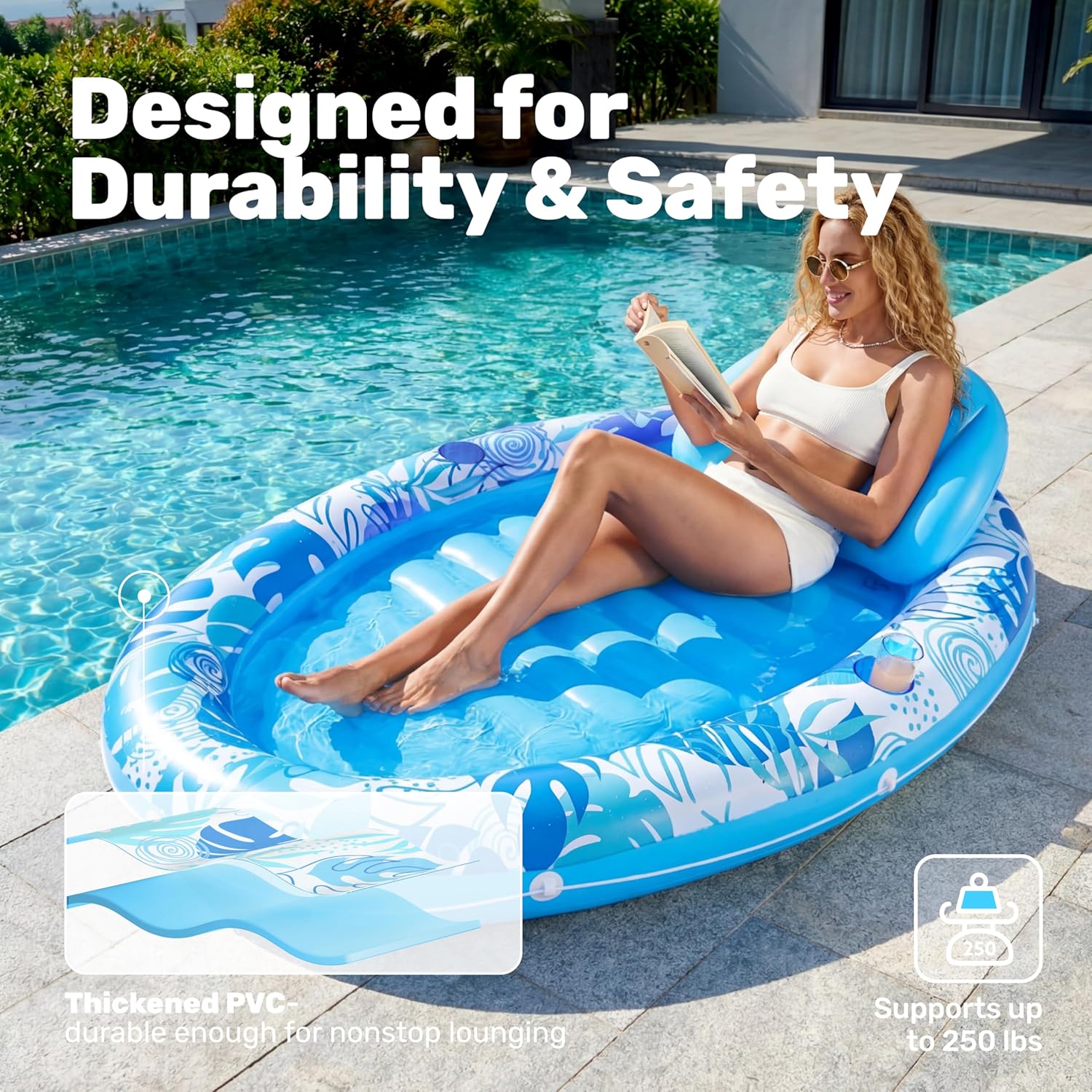 SLOOSH Inflatable Tanning Pool Lounger Float, 70" x 50" Pool Floats Adult with Pillow, 4 in 1 Oval Suntan Tub Raft Floatie,Sunbathing Bed Lounge for Water Blow Up Ball Pit Party Gifts
