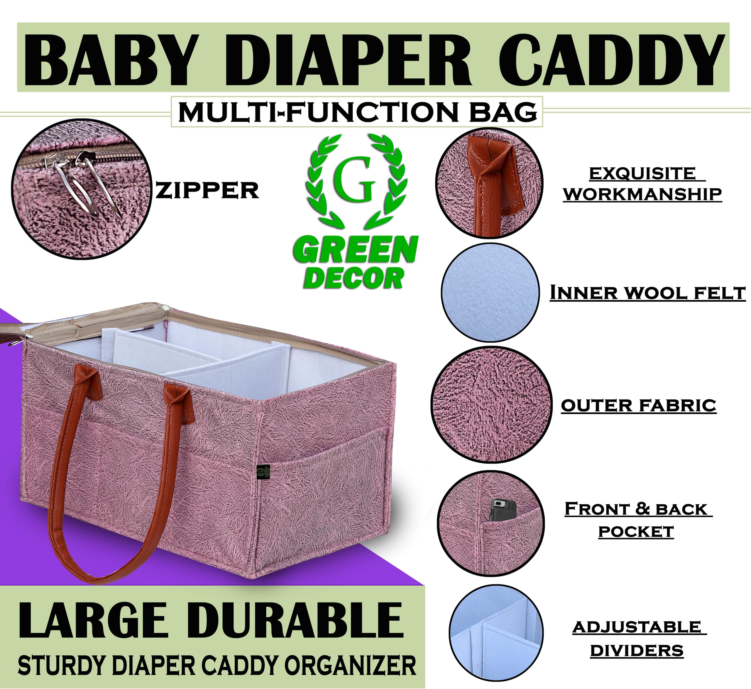 GREEN DECOR - Non Woven Fabric Cute Diaper Caddy Bag with Handles & Zip Lock for Smart Mothers Baby Diaper Caddy Wipes Felt Storage Organizers,Foldable and Portable (Dapple Pink - 15X10X8 Inch) 1