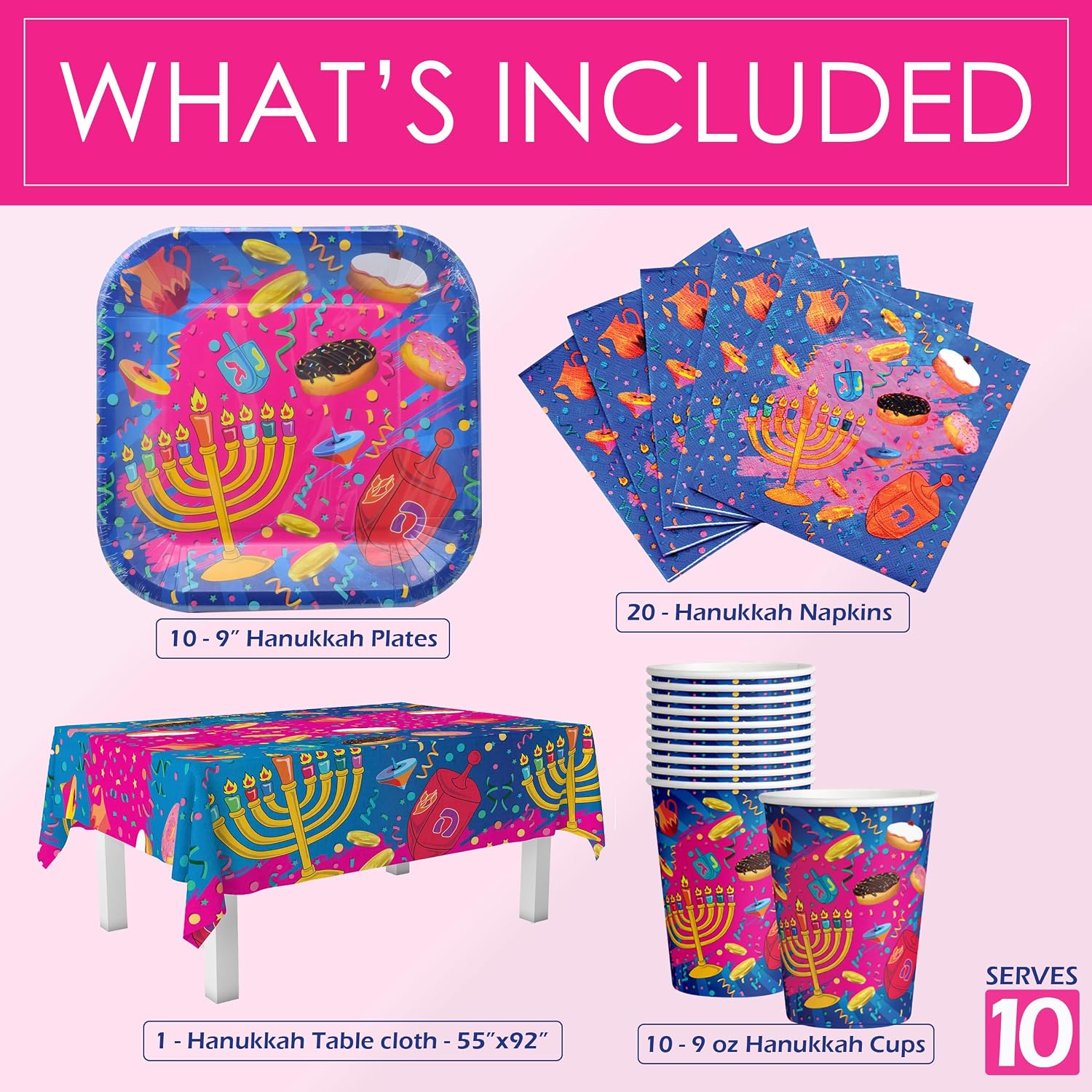 Izzy 'n' Dizzy Hanukkah Paper Goods Set - Mega Pack - Serves 10 - Plates, Cups, Napkins, Tablecloth image 2