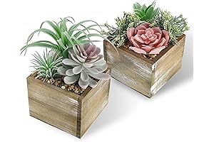 Realistic Fake Succulents with Radiantly Pink Artificial Flowers in Rustic Wood Pots
