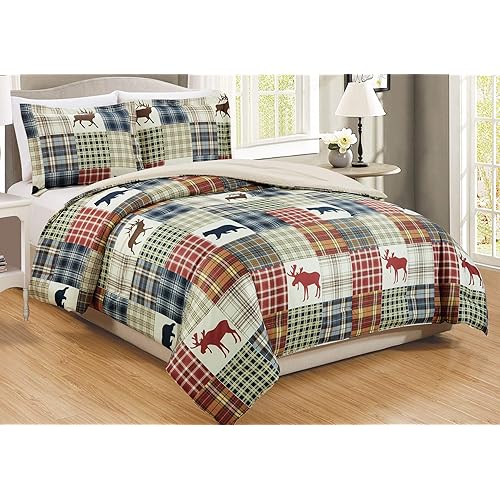 Grand Linen - 3-Piece King Size Fine Printed Comforter Set Soft Down Alternative Bedding (Bear, Moose, Elk, Plaid, Cabin)