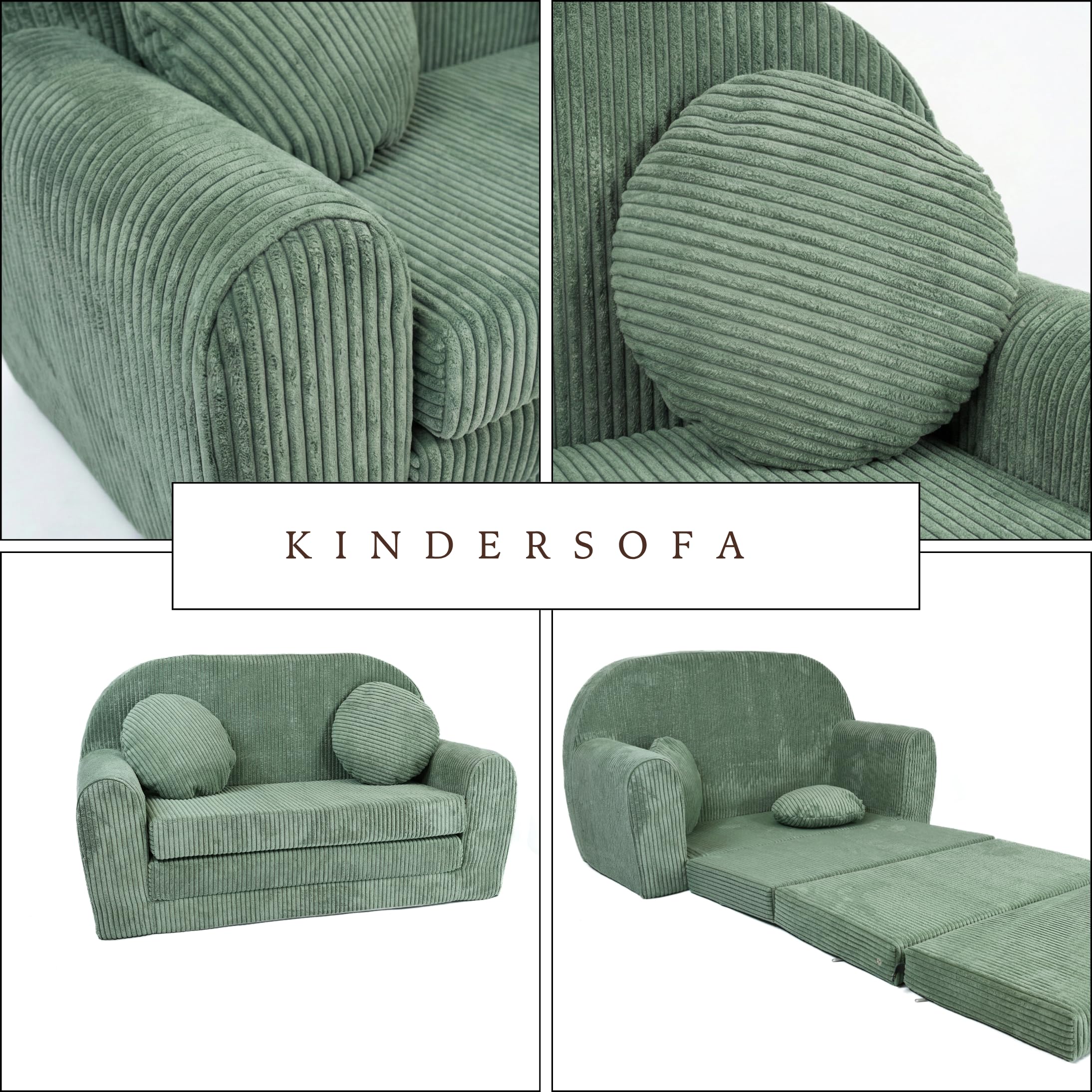 FORTISLINE Kindersofa XXL ausklappbar 96x57x48 cm - Kindercouch aus Cord mit Liegefläche 165 cm, Kinderzimmer Sofa mit 2 Kissen, Abnehmbarer waschbarer Bezug, Oeko-TEX Standard 100