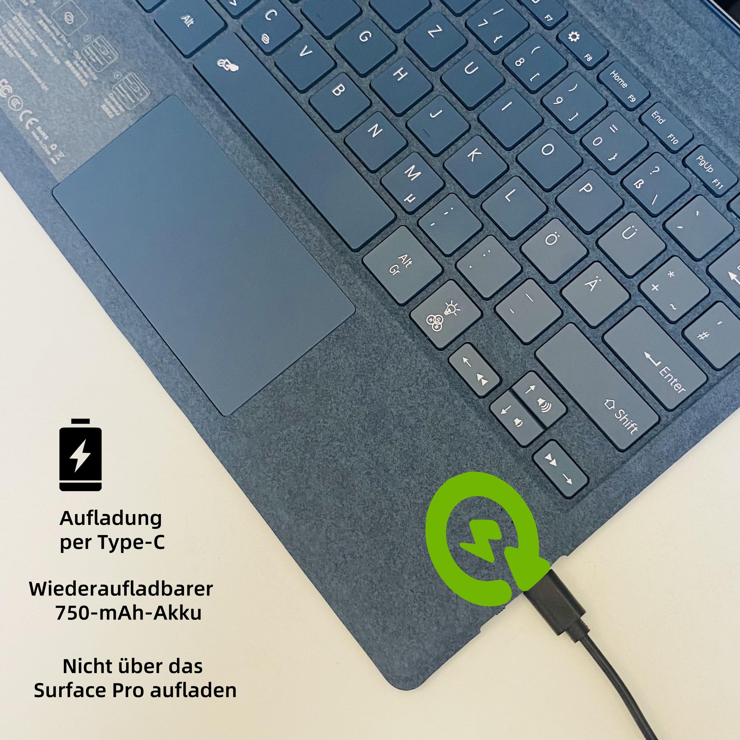 Deutsche QWERTZ Layout Tastatur für Microsoft Surface Pro 7+/7/6/5/4/3, 12.3 Zoll - Ultraflaches, beleuchtetes Bluetooth Type Cover mit Multi-Touchpad, aufladbar (Kobaltblau) - 4