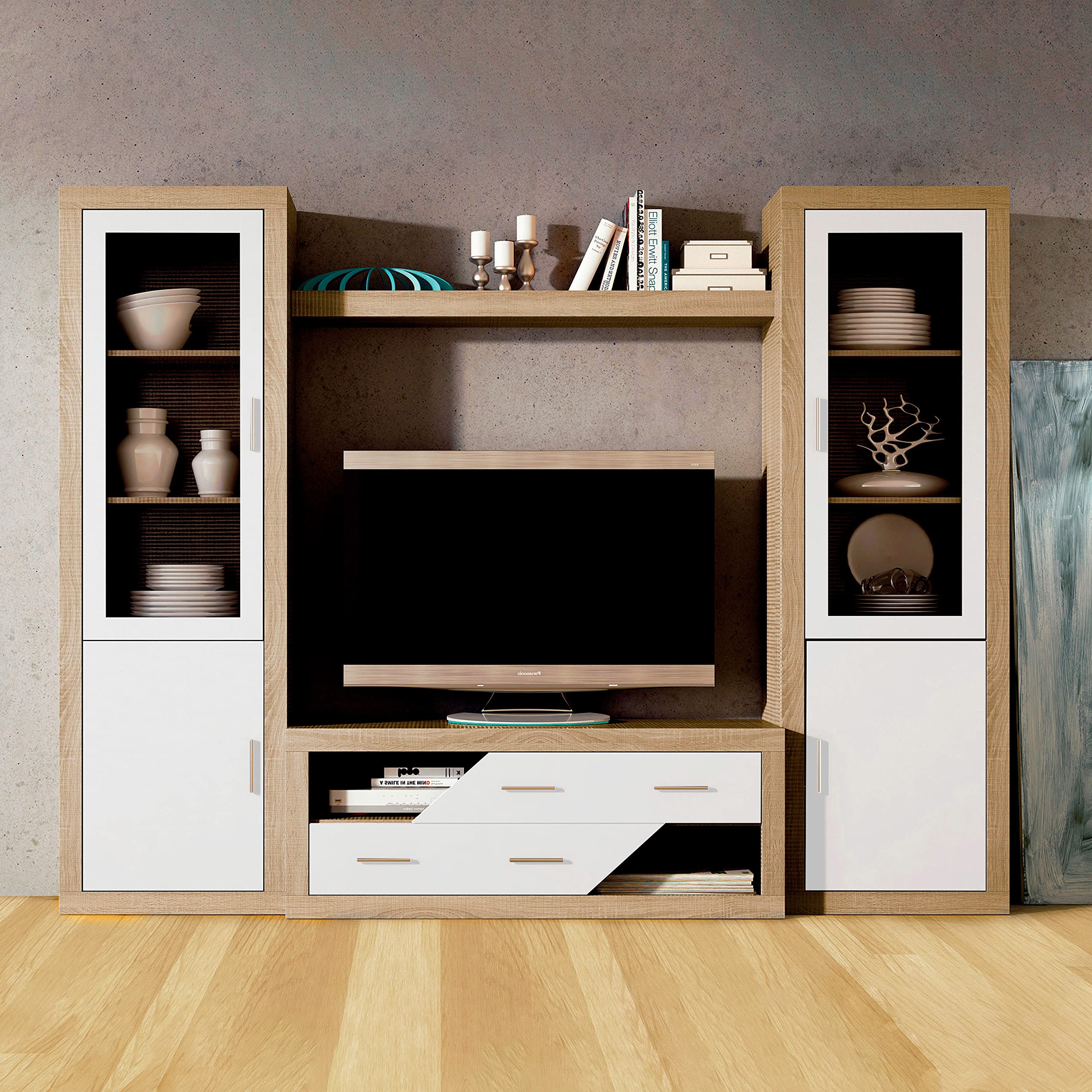 duehome | Salon Modular, Vitrina Reversible con 2 Puertas, Composicion Salon por Piezas, Modelo Nuka, Acabado en Cambria y Blanco, Medidas: 60 cm (Largo) x 193,2 cm (Alto) x 34,6 cm (Fondo)