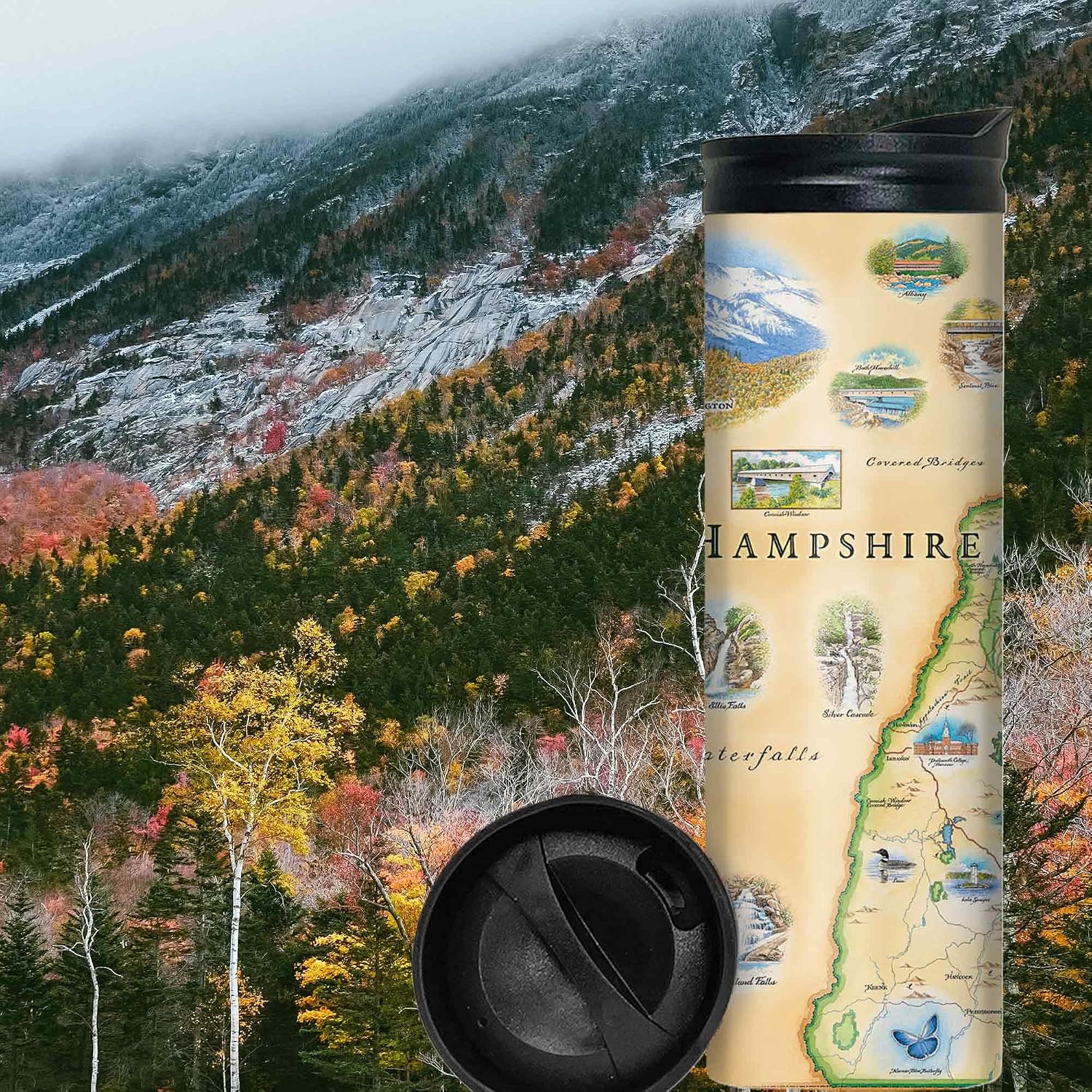 Xplorer Maps New Hampshire Map 16 Oz Travel Drinkware with Spill-Resistant Lid - Stainless Steel Vacuum Insulated Coffee Tumbler image 2