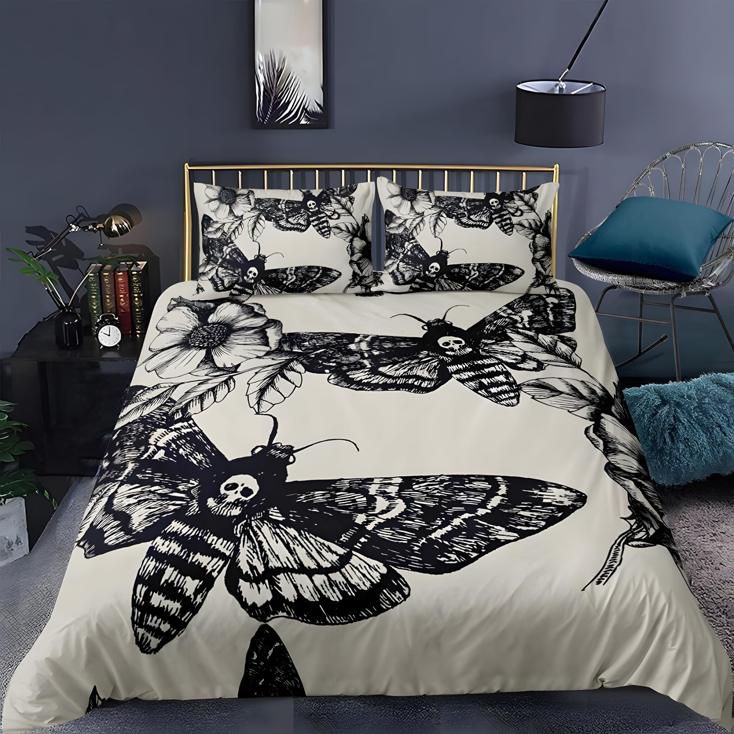 Gothic Moth Style Super King Duvet Cover, Reversible Skull with Plants and Flowers Quilt Cover with Pattern, Bedding Set Soft with Zipper Closure, Comforter Cover and 2 Pillowcases, 260x220 cm, Z11