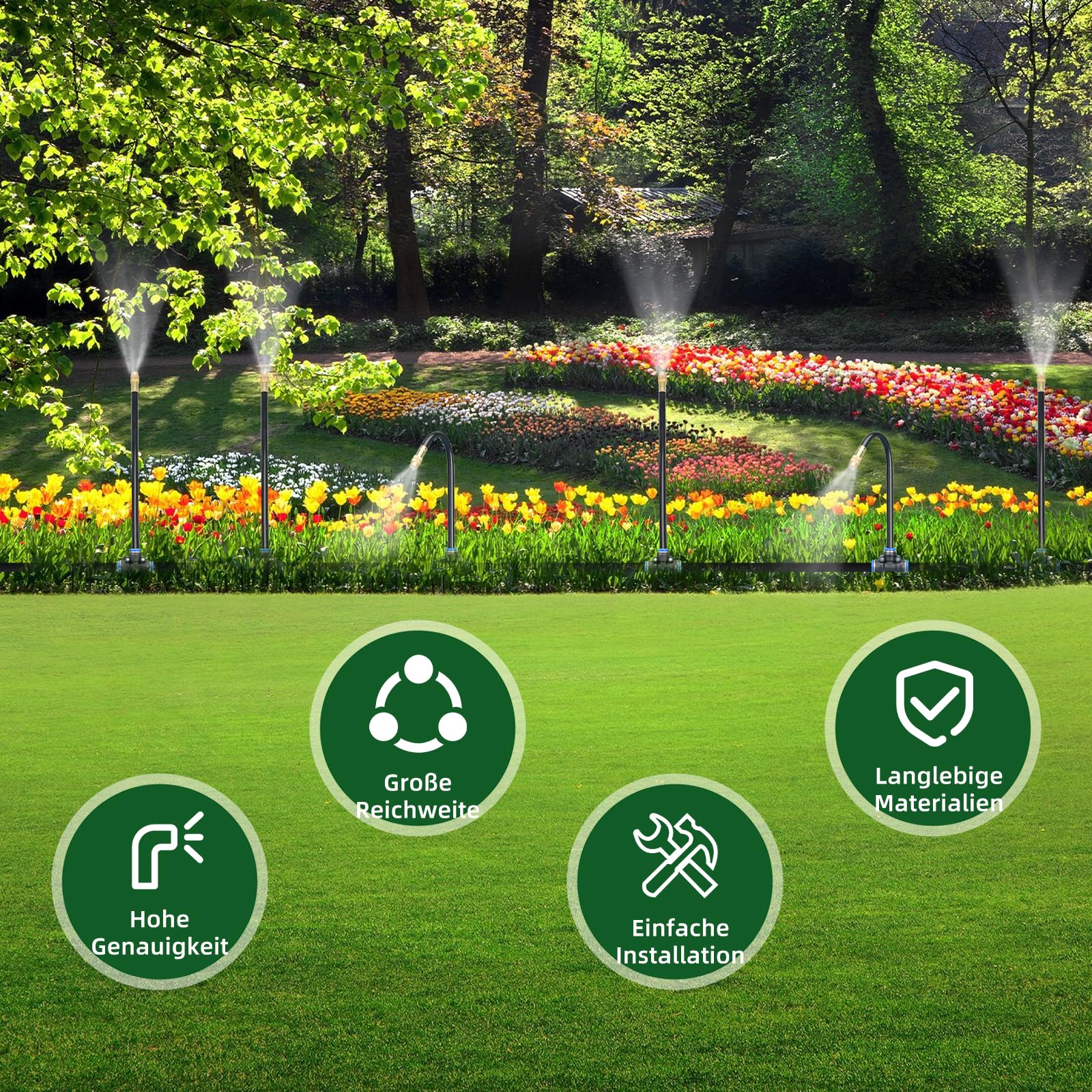 ACESOME Système d'irrigation de jardin, système d'irrigation automatique incurvé à 360°, tuyau d'irrigation, plate-bande surélevée pour jardin, pelouse, potager, ferme (20 m avec piquets)