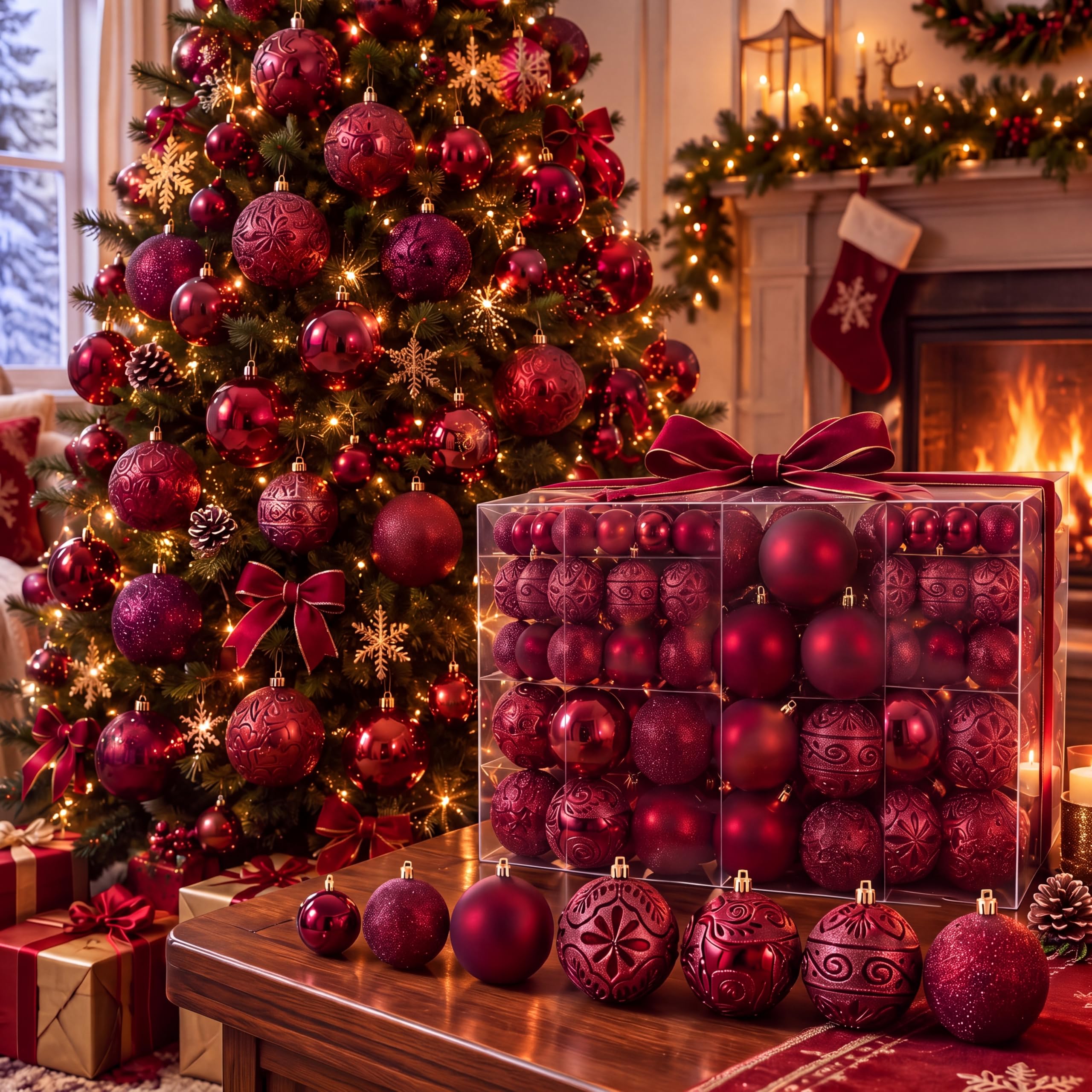 100 Pcs Burgundy Christmas Ball Ornaments for Tree, 6 Styles in 4 Sizes | Red Hanging Ball Ornaments, Plastic Shatterproof Christmas Tree Ornamen Decor for Vintage Holiday Party Home Decor