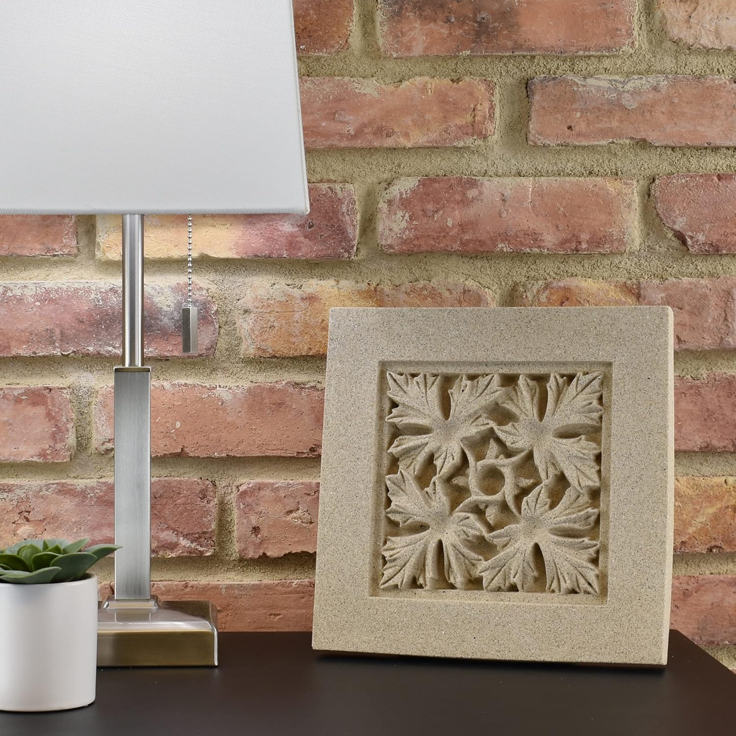 Sculpted Architectural Bas Relief 3D Tile Plaque Ornament, Solid Cast Stone, Four Leaf Design, 9.5"x9.5" for Wall Hanging or Tabletop Display (White with Keyhole)