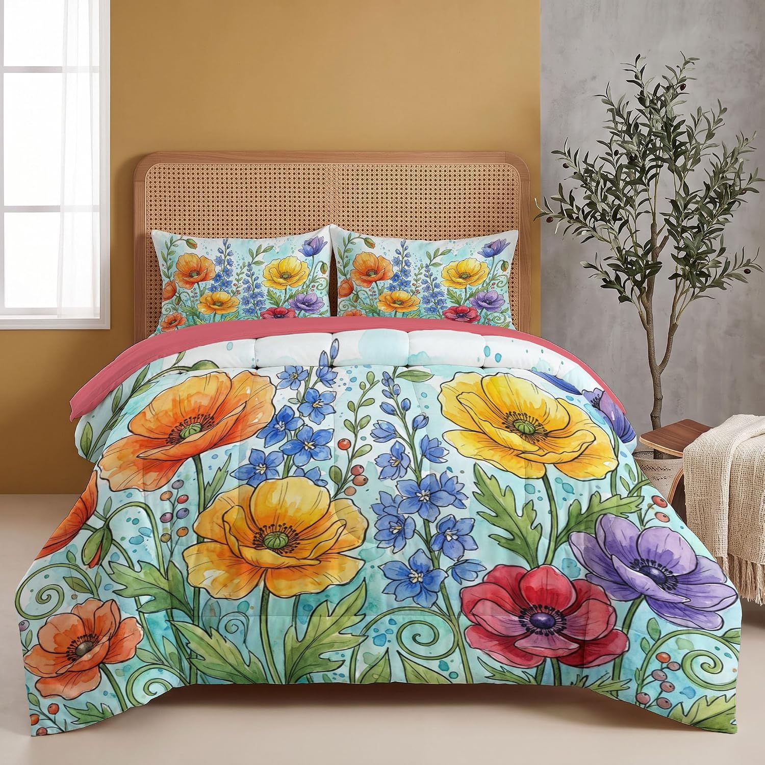 Garden Flowers Comforter Set Queen Size, Poppy Daisy Rose Print Breathable Bedding Set for Girls Boys Teens, Orange Quilt Duvet with 2 Pillow Cases