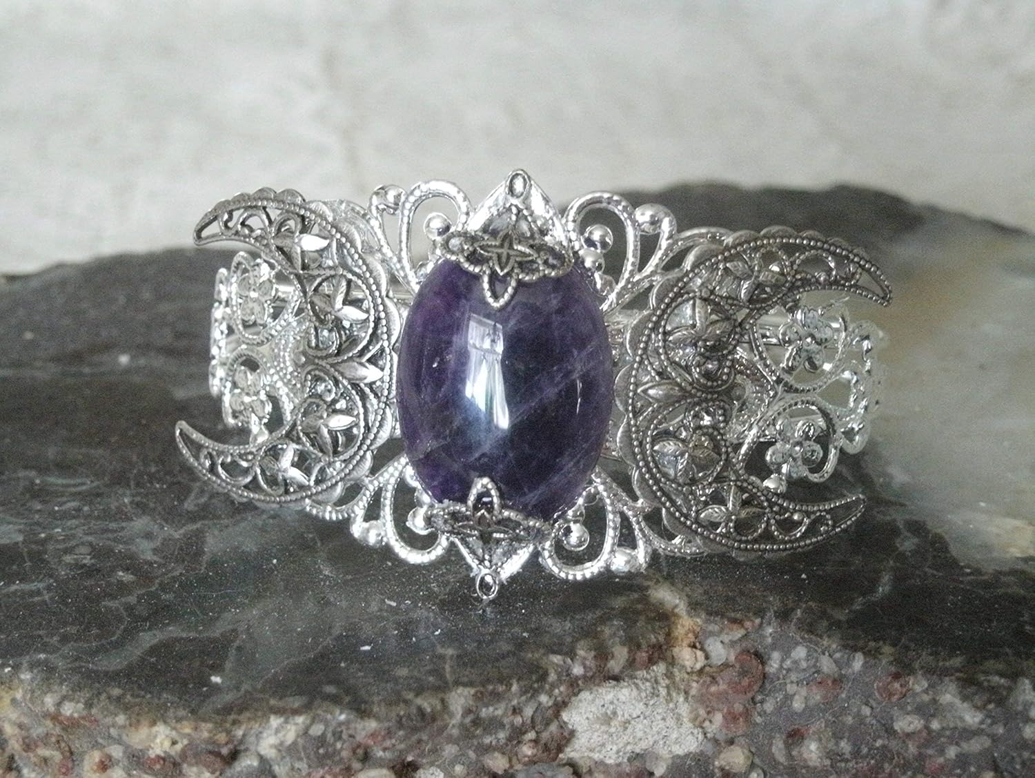 Amethyst Triple Moon Cuff Bracelet, handmade jewelry wiccan pagan wicca witch goddess witchcraft metaphysical