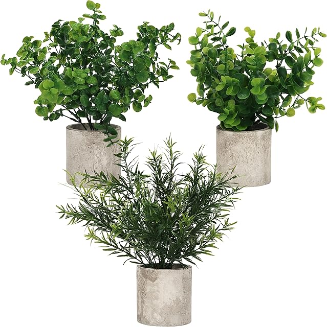 BELLE VOUS Mini Potted Artificial Eucalyptus Plants (3 Pack) - Small Faux Plastic Greenery In Pots - Fake Indoor Plants for Office Desk, Home, Kitchen, Garden, Table & Bathroom/Shower Room Decoration