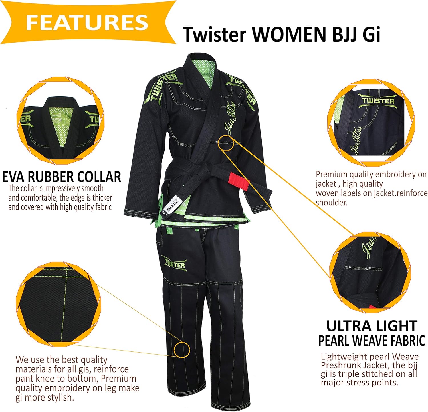 Twister Women Brazilian Jiu Jitsu Gi Preshrunk Premium Quality Fabric Comes with White Belts & Gi Bag… (W1, Black)