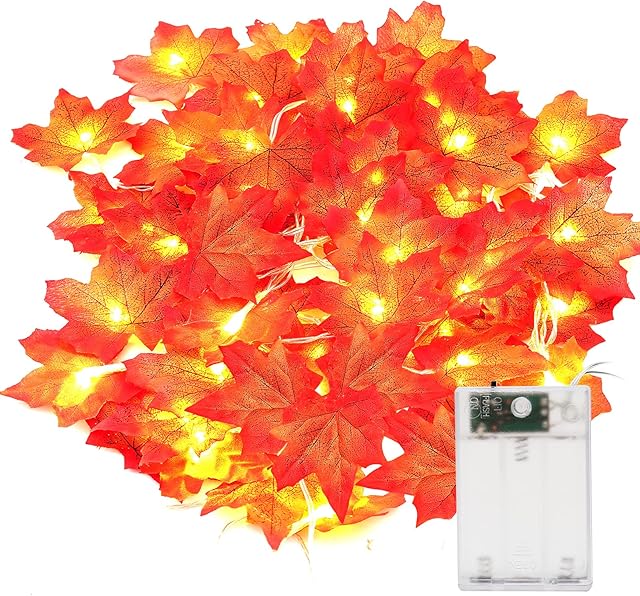 Yizhet Maple Leaf Lights 3M 20 Led Maple String Lights Christmas Artificial Maple Leaves Garland Fairy Lights Battery Operated for New Year Halloween Festival Party Indoor Outdoor (Warm White)