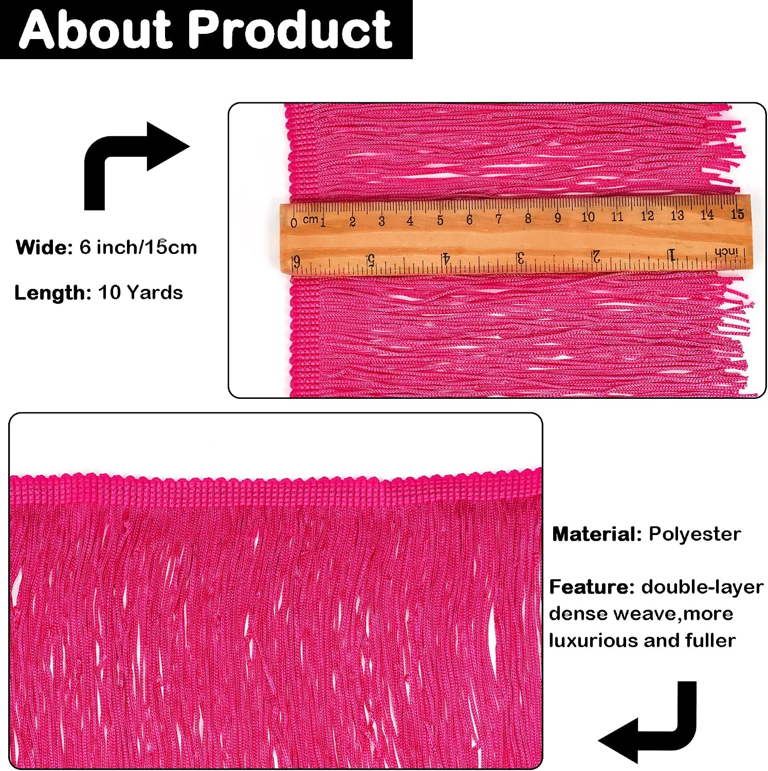 Sewing Fringe Trim, 10 Yards, 6 Inches Wide, Hot Pink for DIY Crafts