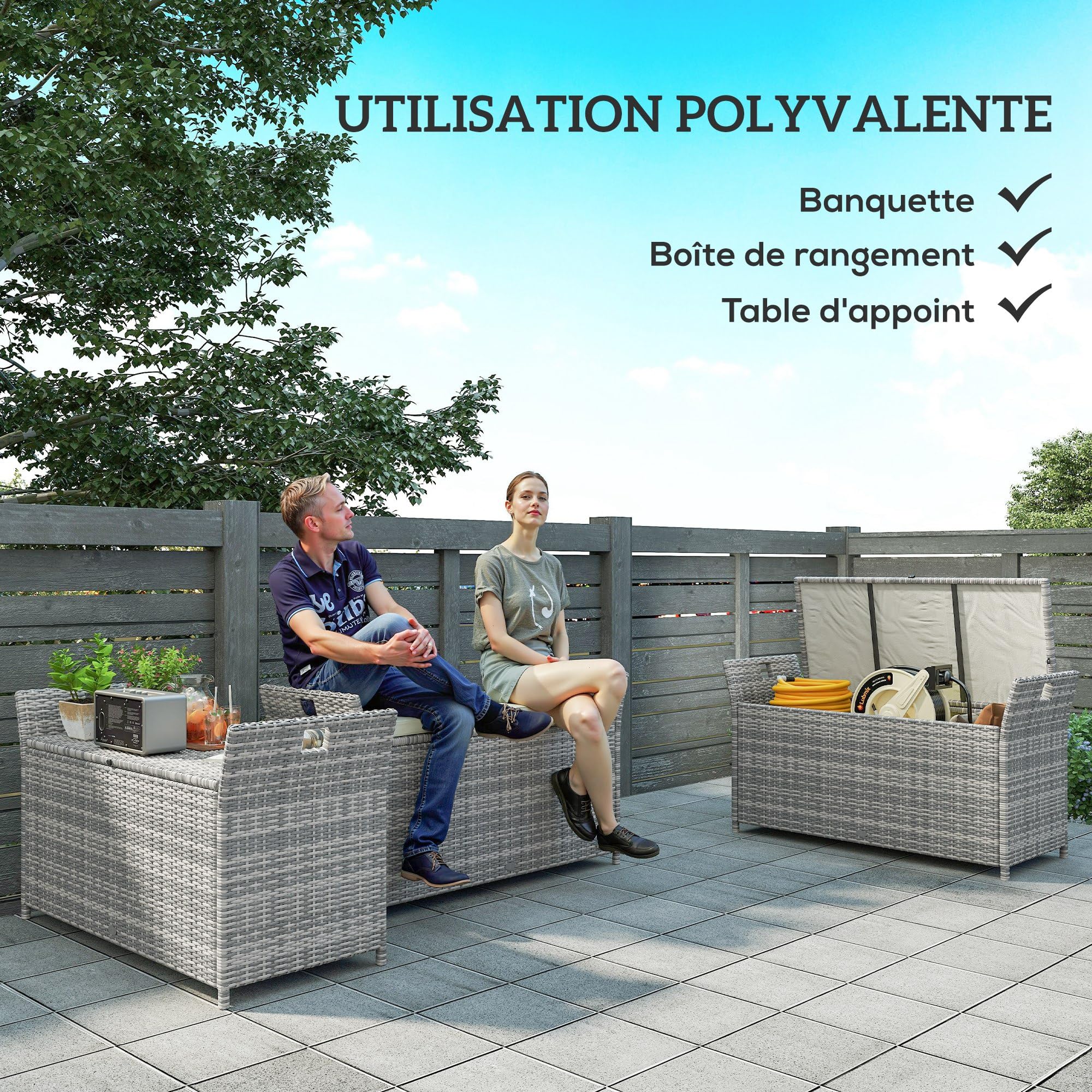 Outsunny Coffre de Rangement Extérieur 250L 125 x 55 x 70 cm crème et Gris | en Résine Tressée, Banc de Rangement, Coussin Amovible, Jardin Balcon Patio