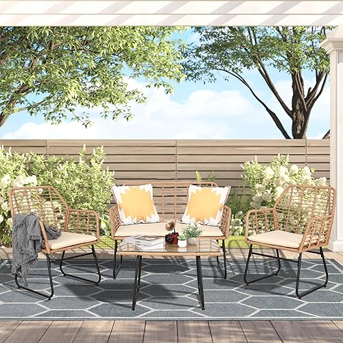 Juego de 4 piezas para conversación de patio, juego de muebles de mimbre para exteriores, juegos de muebles de patio de ratán para patio trasero,