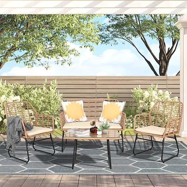 PAOLFOX 4 Piece Patio Conversation Set, Outdoor Wicker Furniture Set,Rattan Patio Furniture Sets for Backyard,Front Porch, Beige