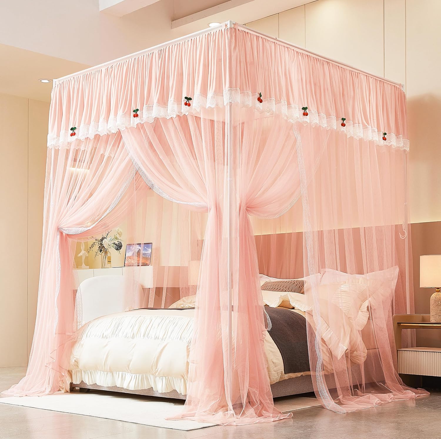 Bed Canopy,Canopy Bed Curtains Cherry Print Bed Drapes Mosquito Net for Girls Adults Bedroom Decoration(Pink,Queen)