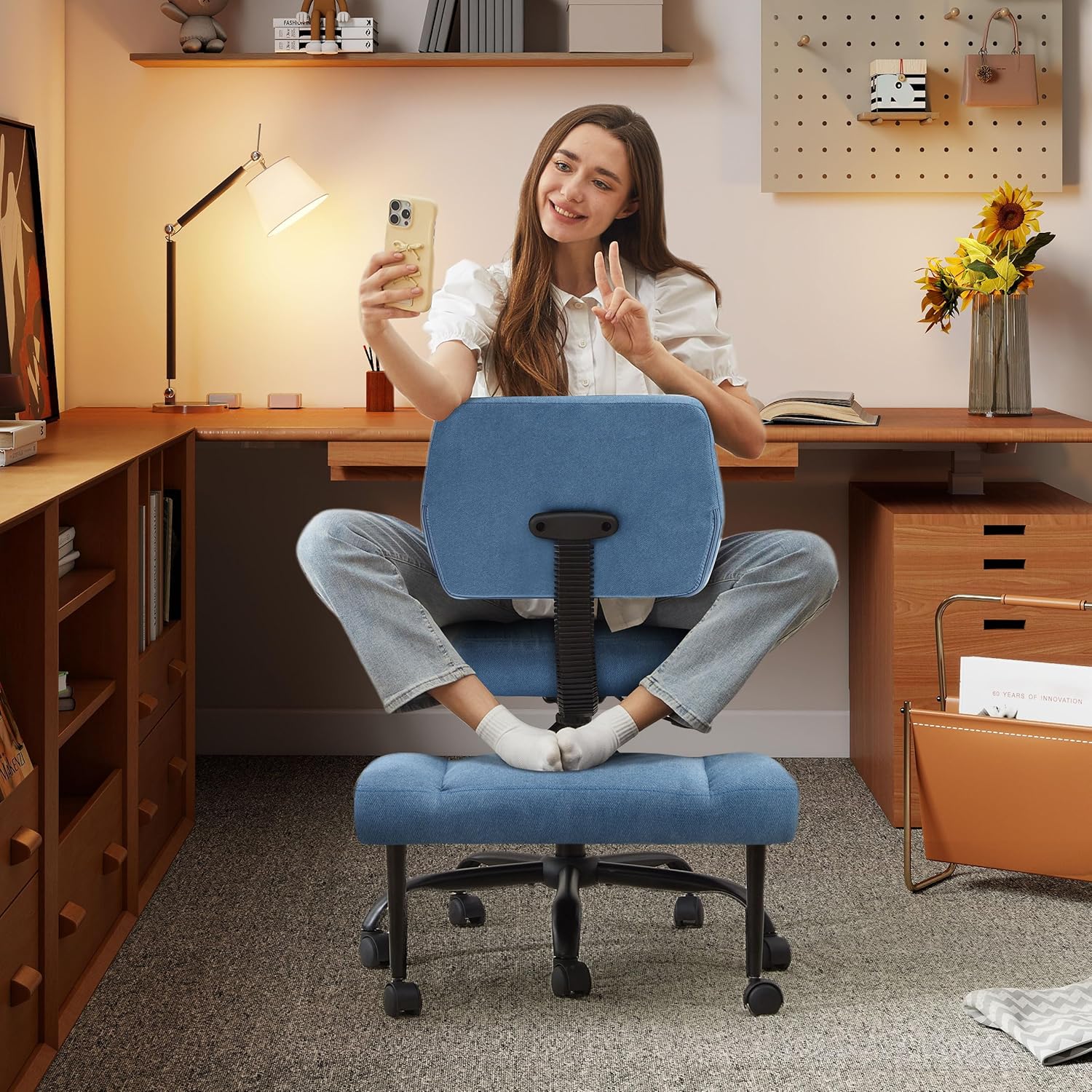 Cross Legged Office Chair with Wheels, Criss Cross Chair with Wider Thicken Seat, ADHD Meditation Chair with Adjustable Footstool for Adults, Yoga Office Chair, Fabric Blue