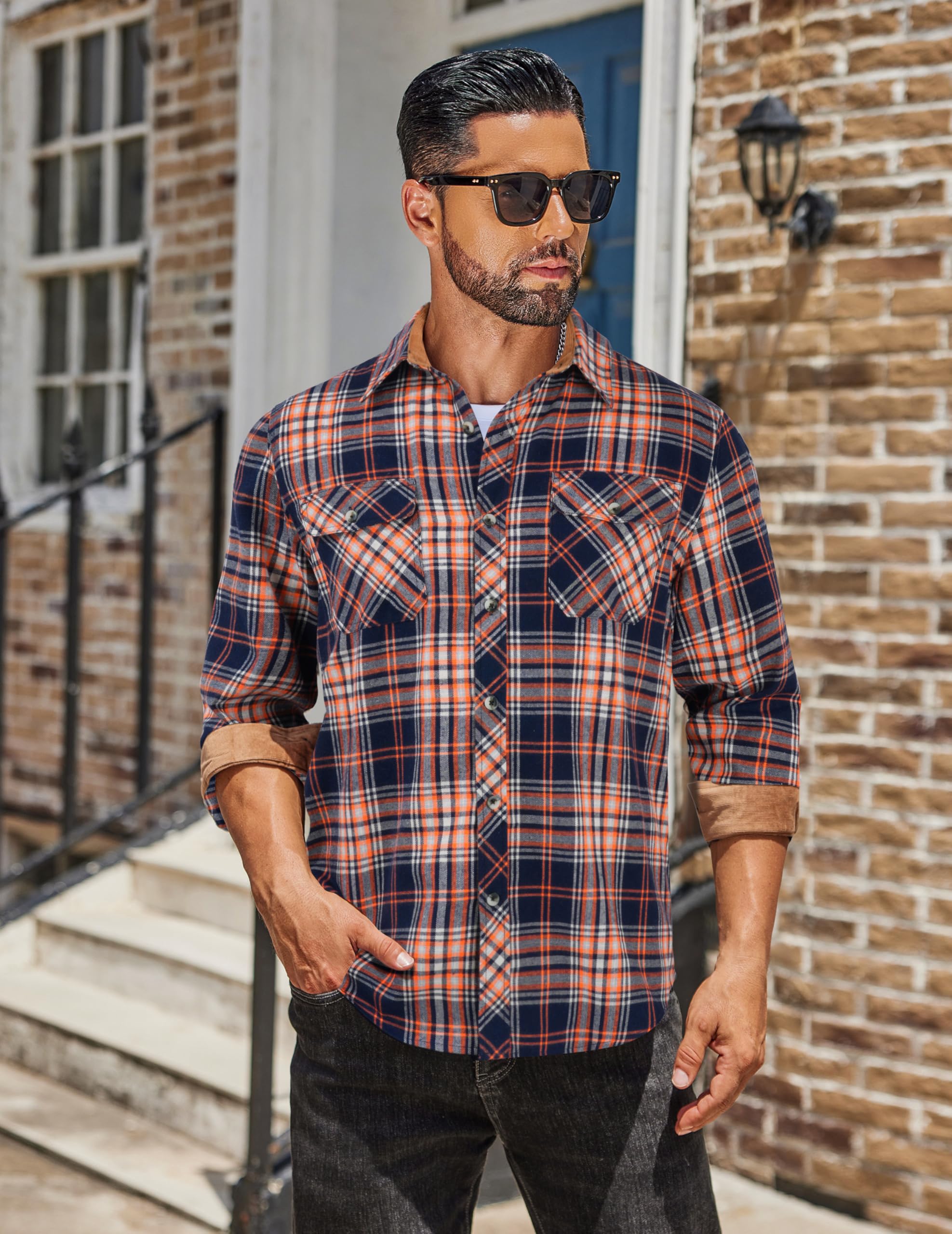 COOFANDY Camicia da uomo autunnale a quadri con bottoni a maniche lunghe casual da lavoro da cowboy camicie in flanella leggera con due tasche