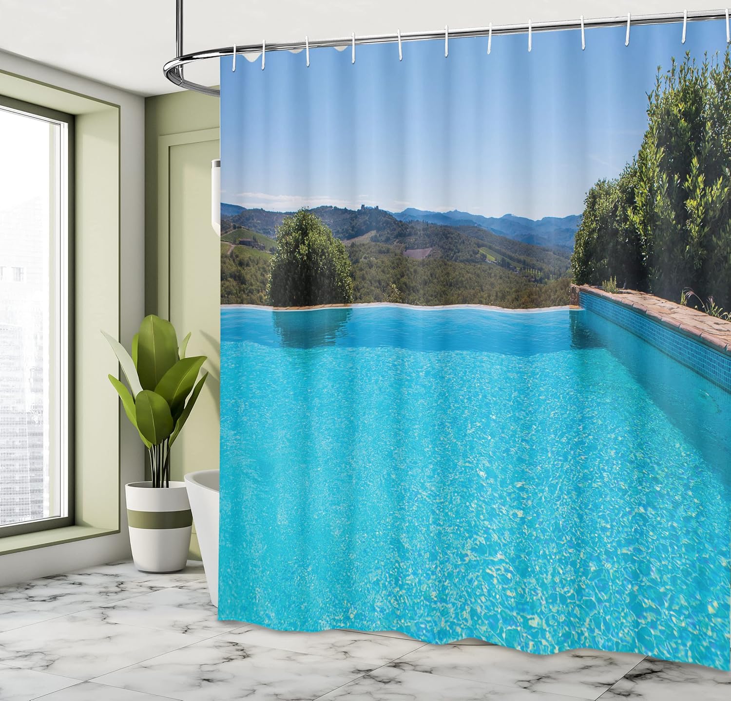 Ambesonne Summer Shower Curtain, Swimming Pool with Natural Landscape View Sunny Day Summer Time Holiday Destination, Cloth Fabric Bathroom Decor Set with Hooks, 69" W x 75" L, Green Blue