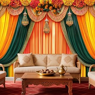 10x8ft India Pooja Photography Backdrop, Puja Ganpati Pooja Traditional Mehndi Festival Yellow Curtain Background for Diwali Decorations, Wedding Party Marigold Garlands Photo Props