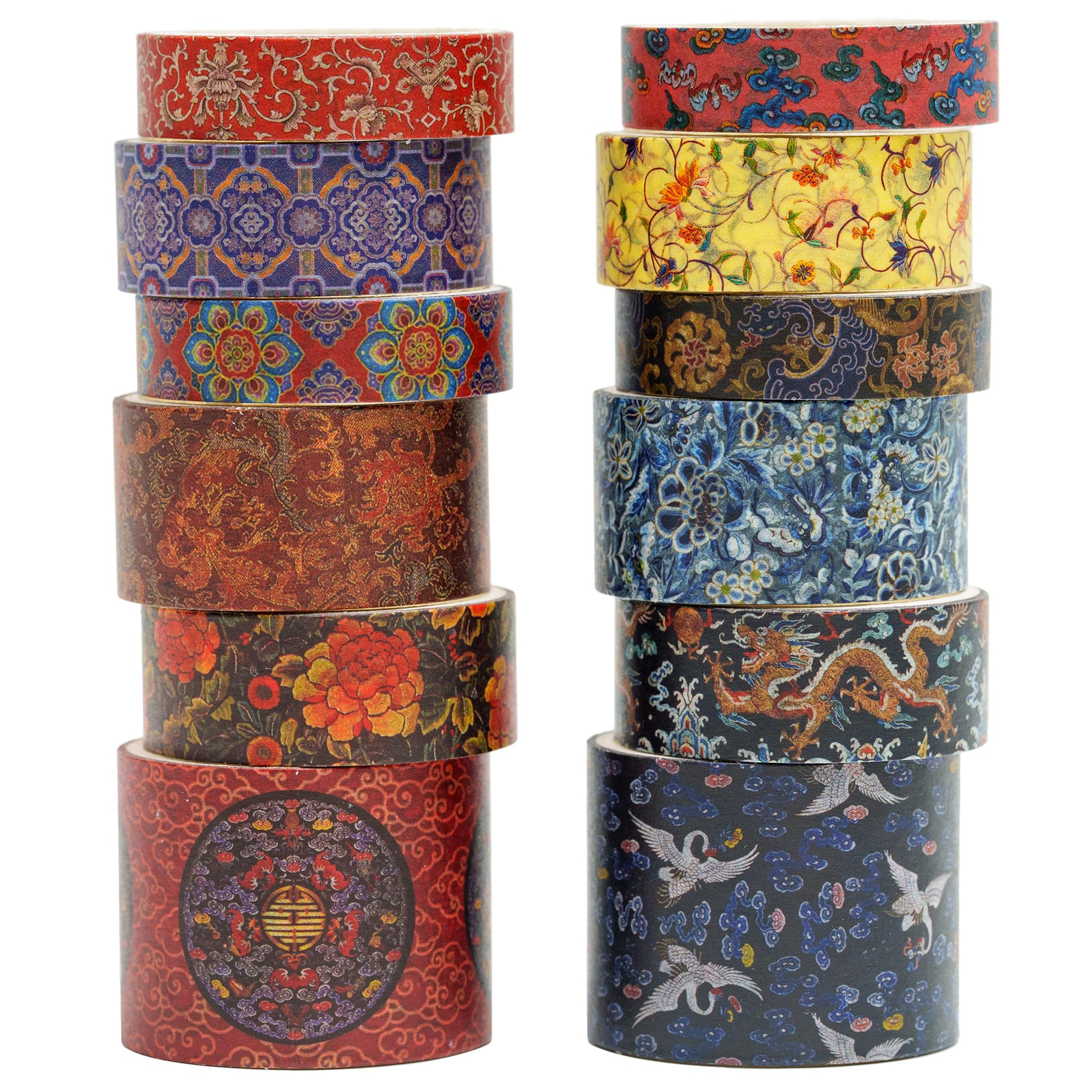 Songdao 12 Rolls Chinoiserie Washi Tape Set Chinese Arts Adhesive Tapes Geometric Garden Decorative Masking Tape Sets for Craft, Kids, Scrapbook, DIY, Gift Wrapping (Drifting on Azure Waves)
