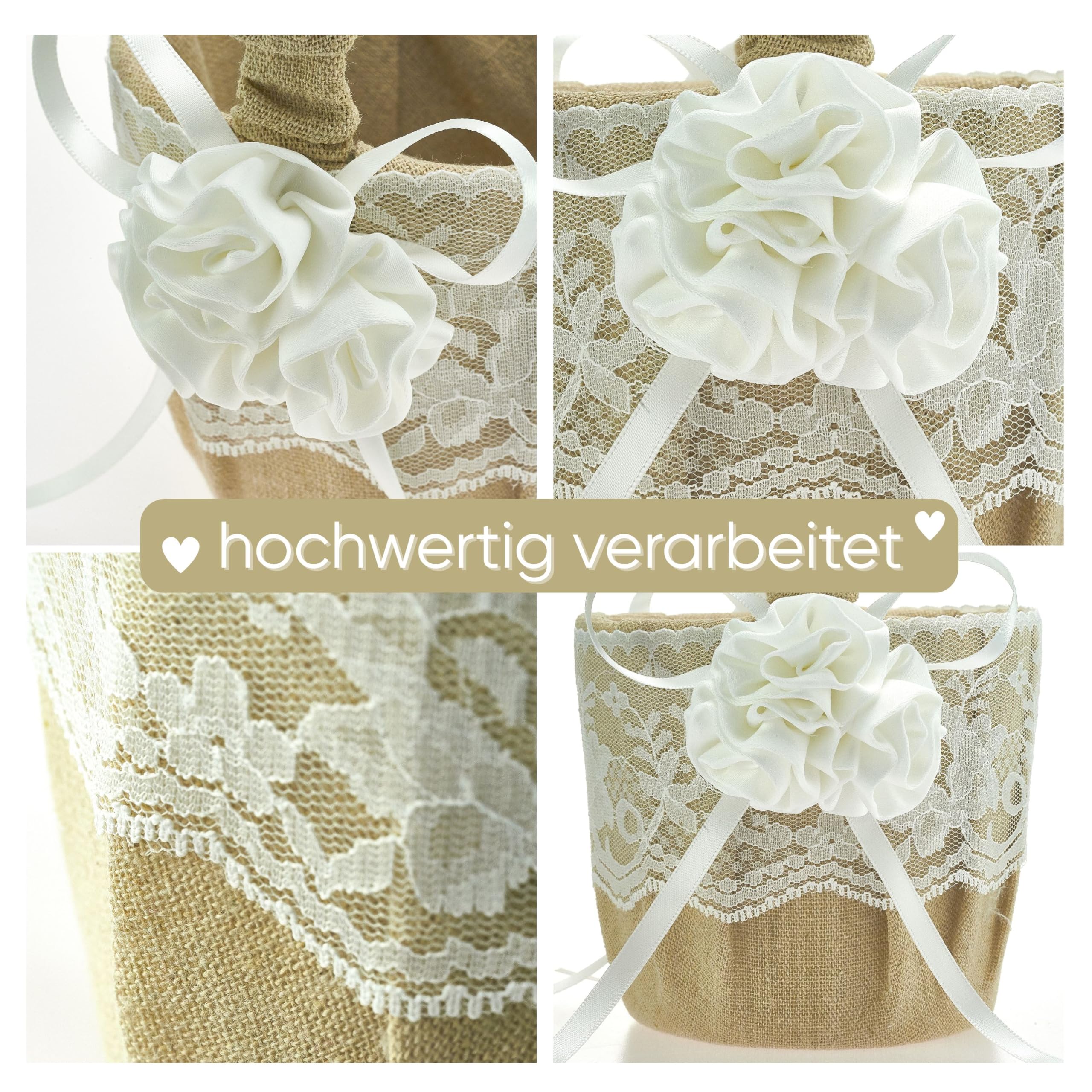EinsSein Set 2 Cestini Matrimonio Juta e Raso 17x26x13 cm | Cesti Vimini con Manico per Petali Fiori Confetti | Damigella Sposa Bambina Cuore Decorativo Cerimonia Elegante
