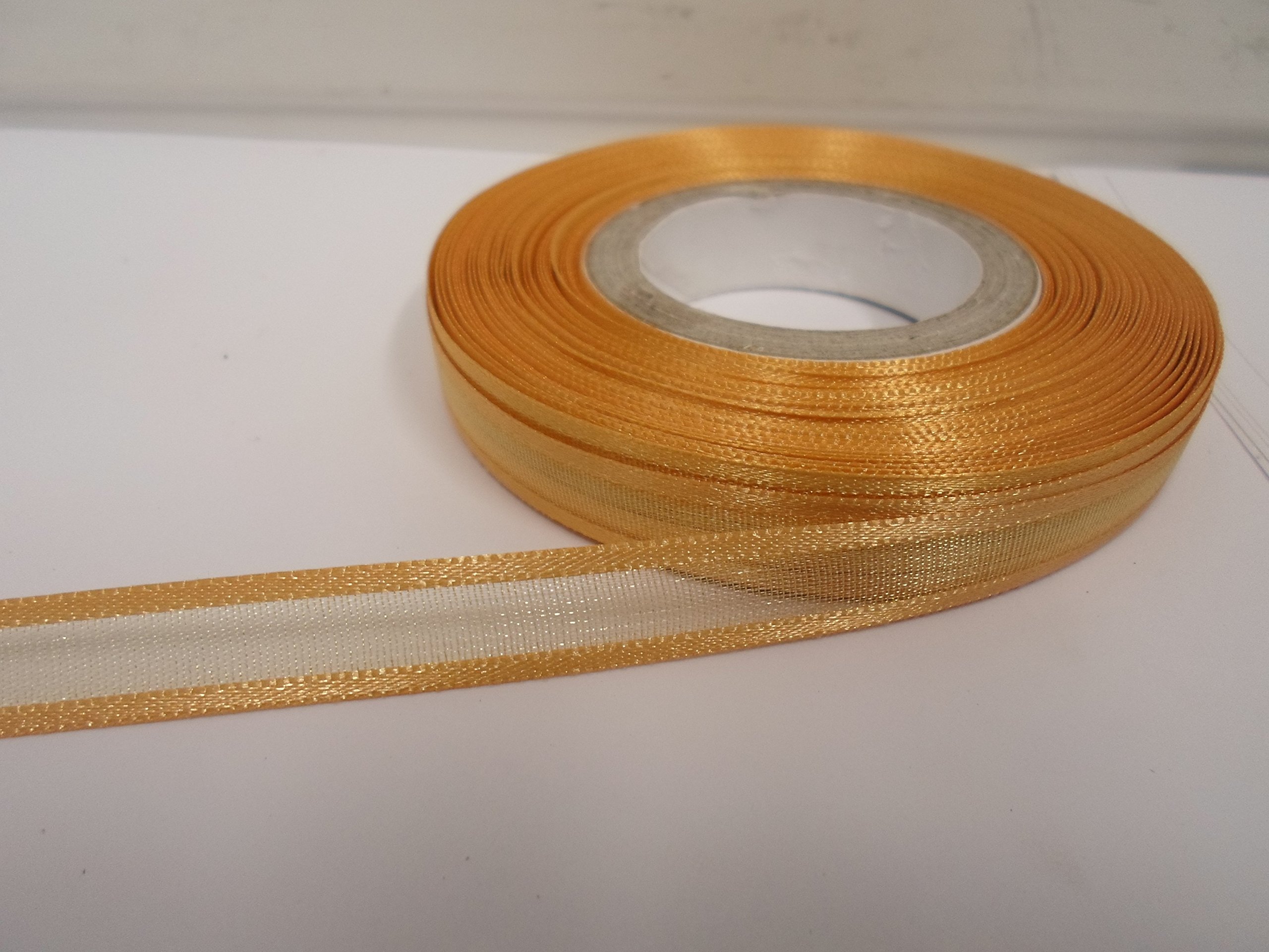 1 Full Roll Reel of 10mm Edged Organza Ribbon x 25 metres Yellow Gold Double Sided Satin Edge Sheer 10 mm 3/8" 1cm